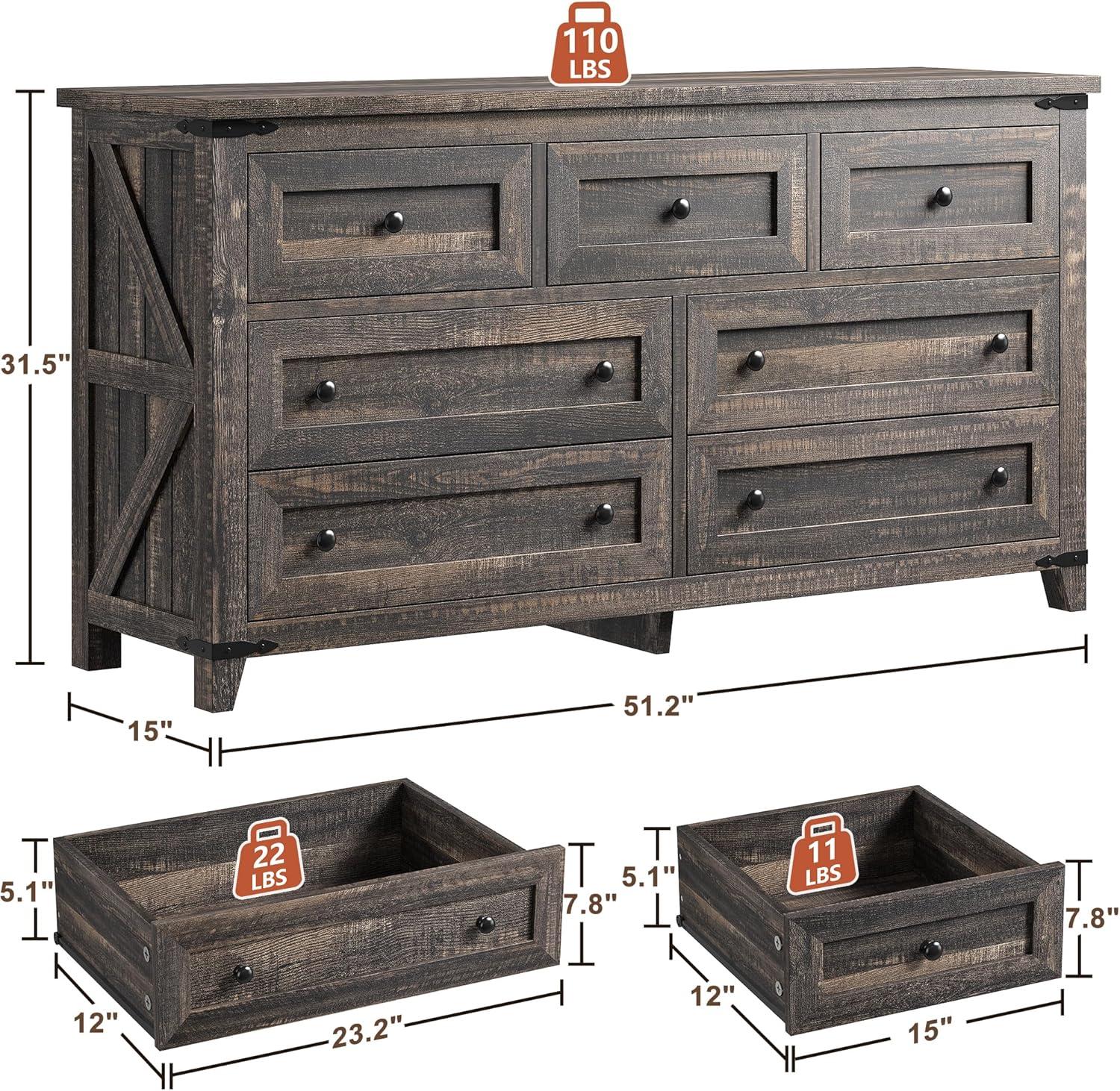 Gracie Oaks Wood Dresser For Bedroom With 7 Drawers, Farmhouse Chest Of Drawers