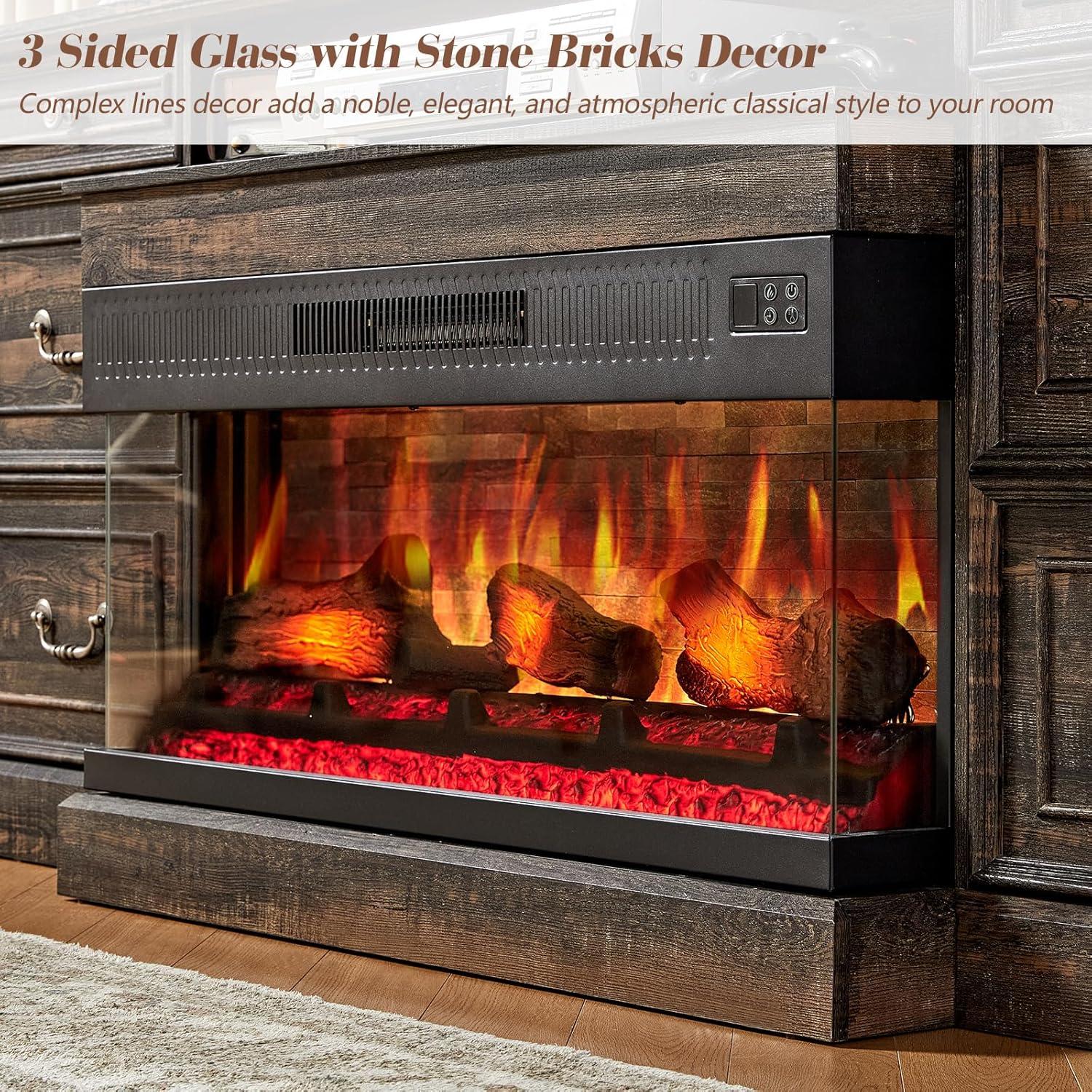 Alvilda 75" Farmhouse TV Stand with 36'' 3-Sided Glass Fireplace, 2 Drawers & Doors Closed Storage