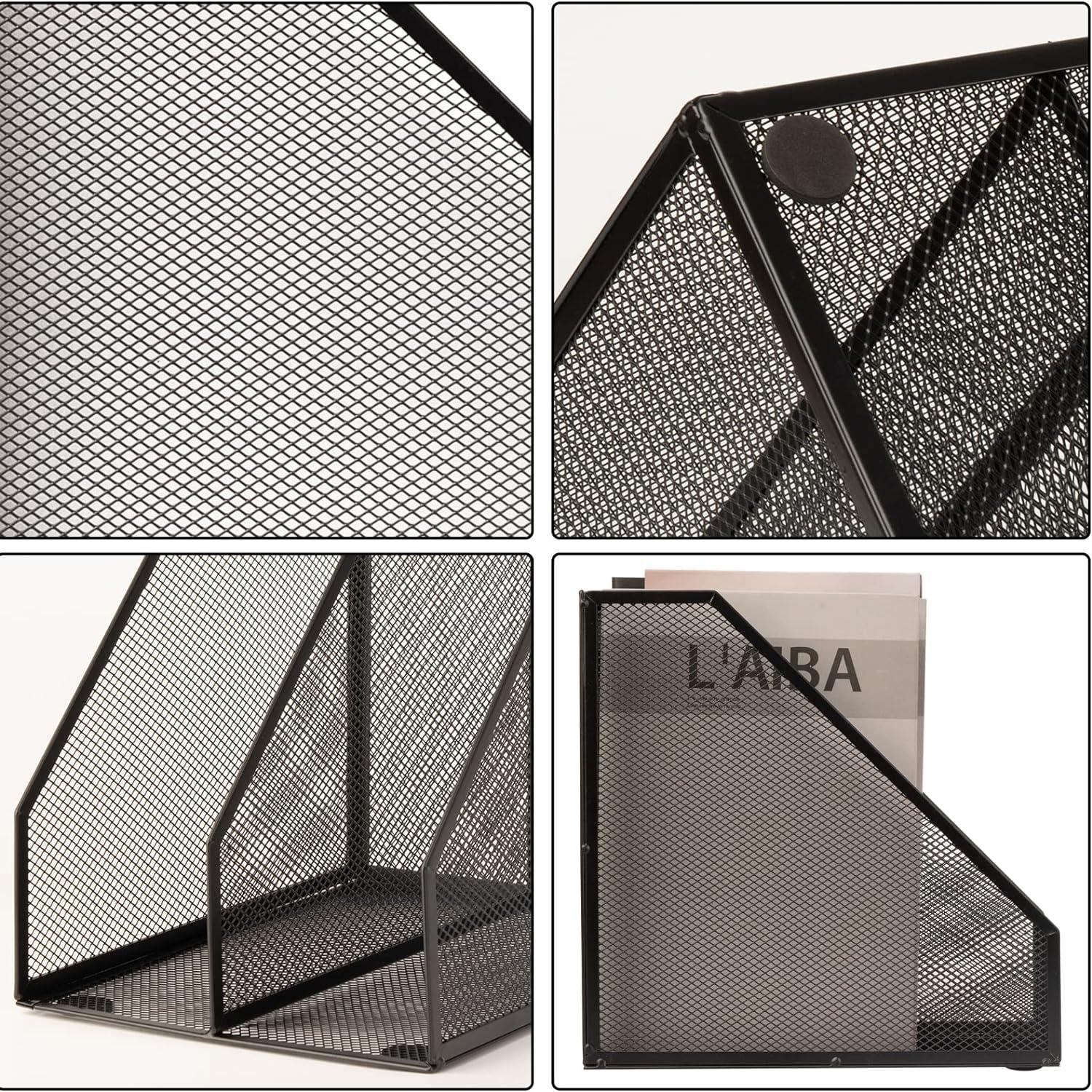 2 Set Magazine Holder Metal Wire, 2 Compartments Mesh File Holder for Desk, Office Desk Accessories Decorative File Box, Black