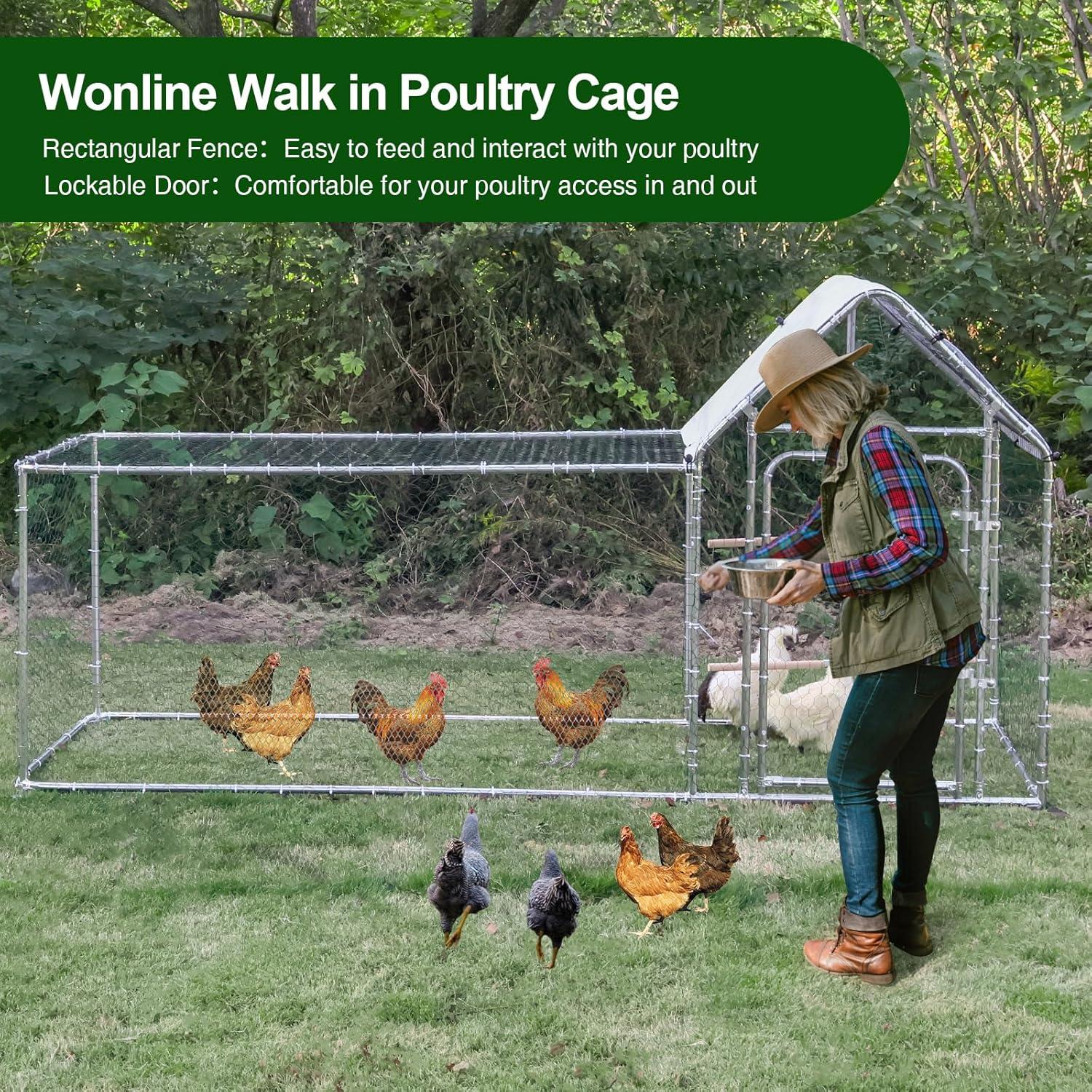 Large Metal Chicken Coop Run, Outdoor Walk-in Poultry Cage with Spire Roof, for Hen House, Duck Coop and Rabbit Run, Silver (9.8' L x 3.28' W x 4.92' H)