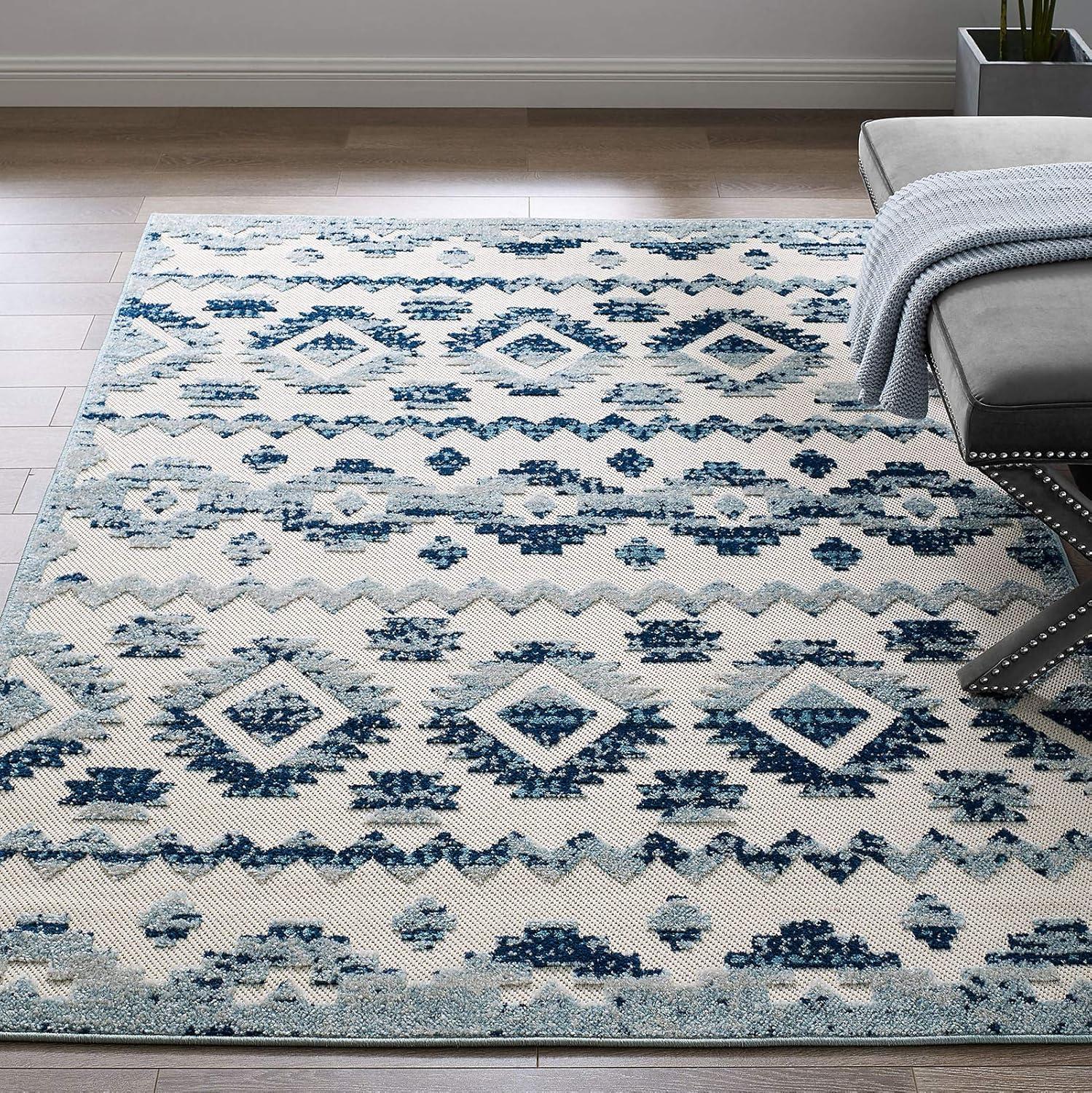 Ivory and Blue Trellis 8' x 10' Synthetic Easy-Care Area Rug