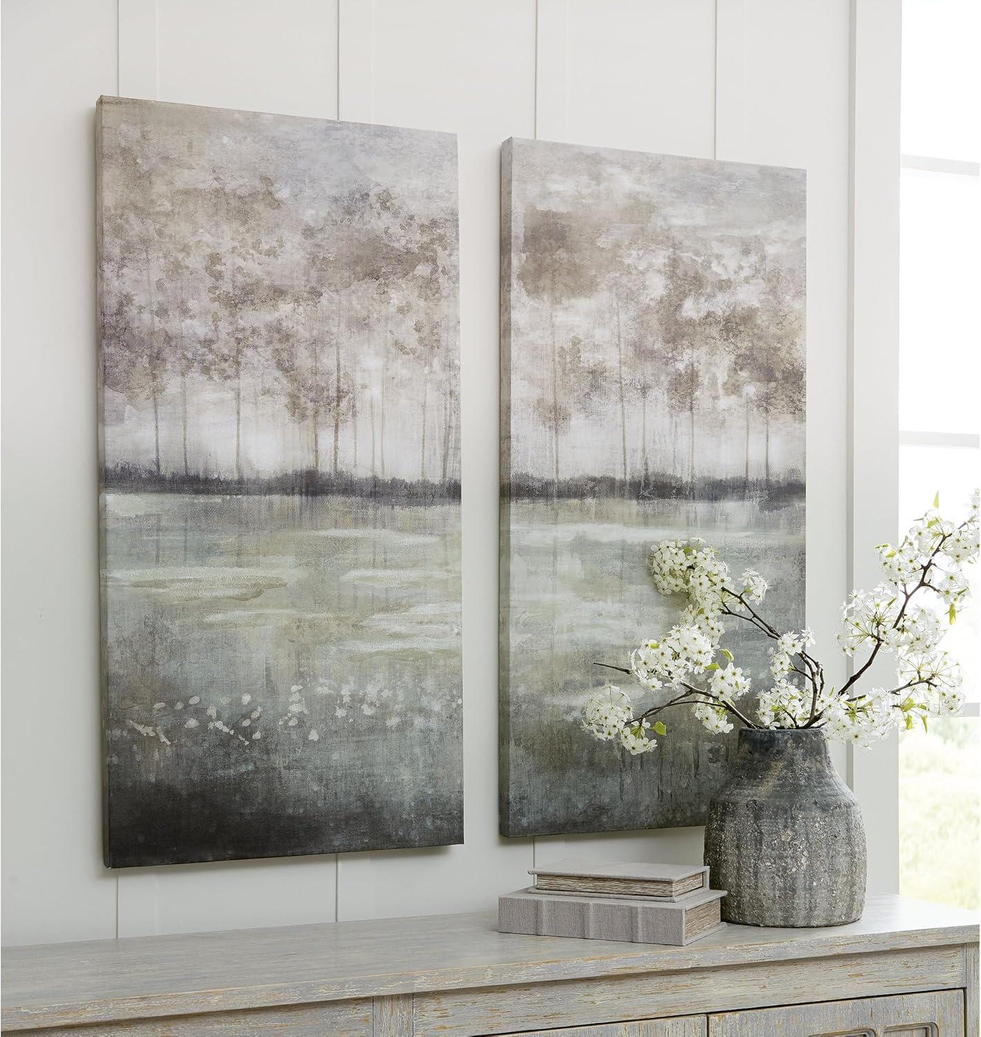 Gray and Green Abstract Woodland Canvas Wall Art Set