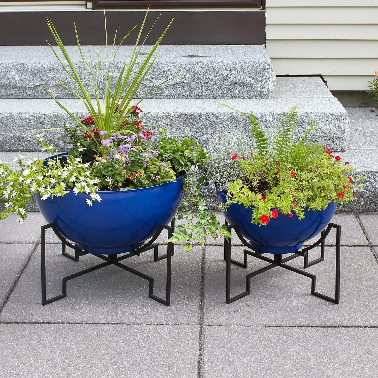 French Blue Galvanized Steel Round Plant Pot with Black Iron Stand