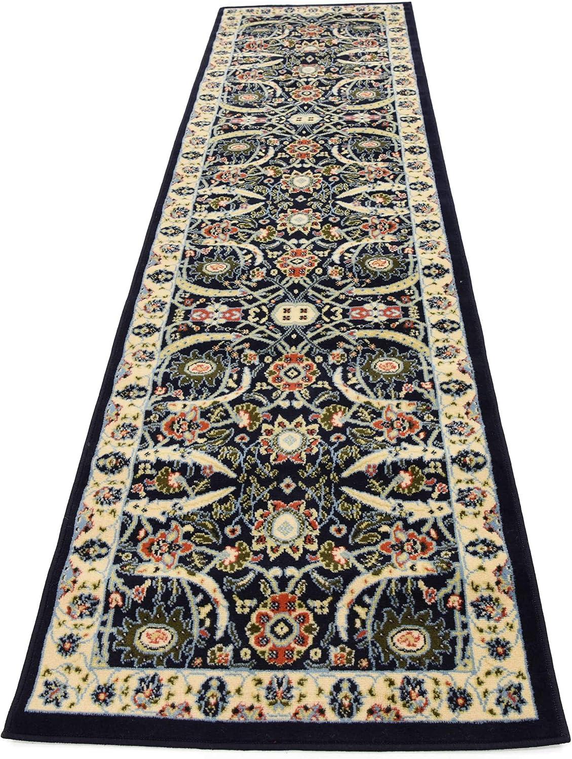 2.5' x 10' Navy Blue and Beige Floral Rectangular Area Throw Rug Runner