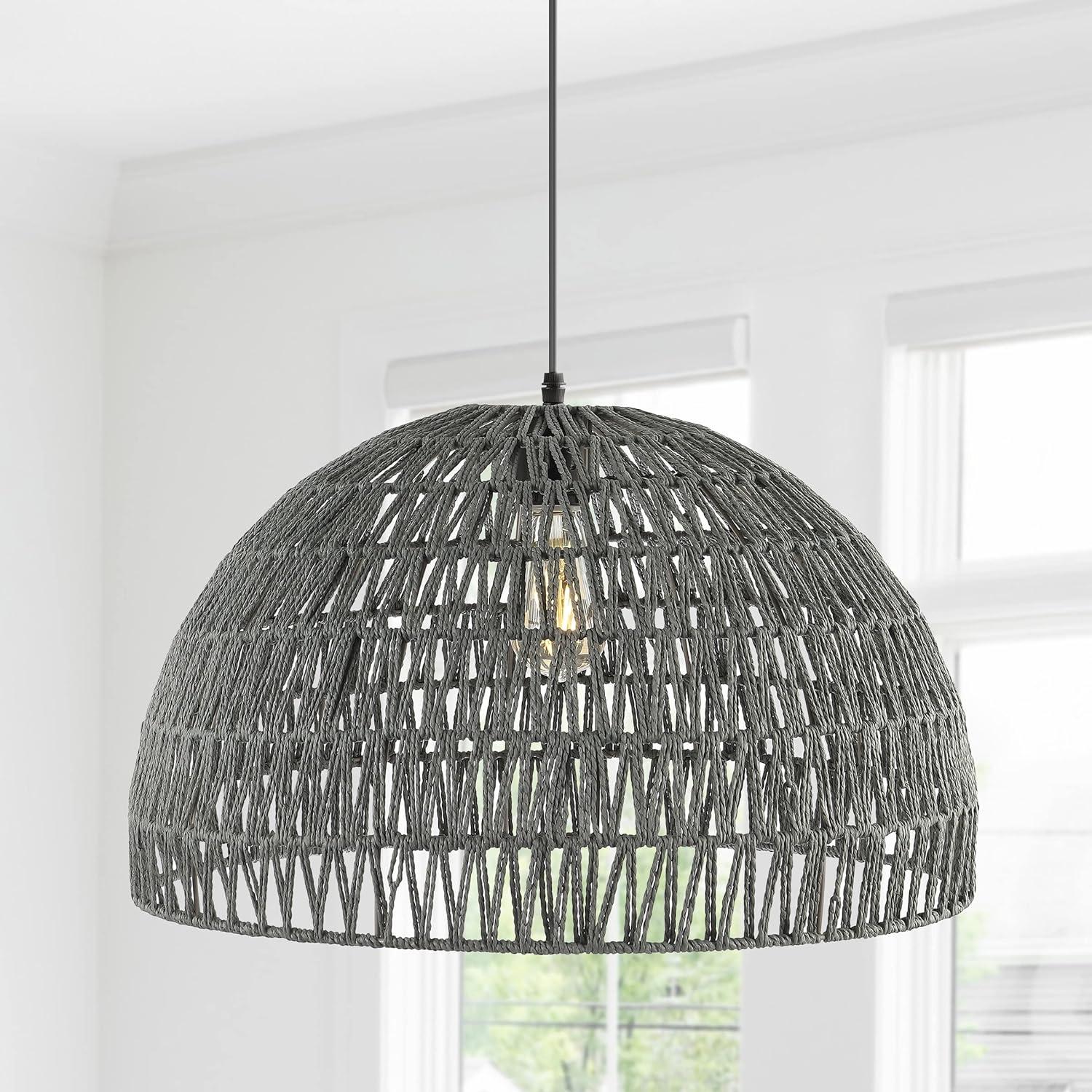 Campana 20" 1-Light Bohemian Modern Woven Rope/Iron LED Pendant, Grey/Black