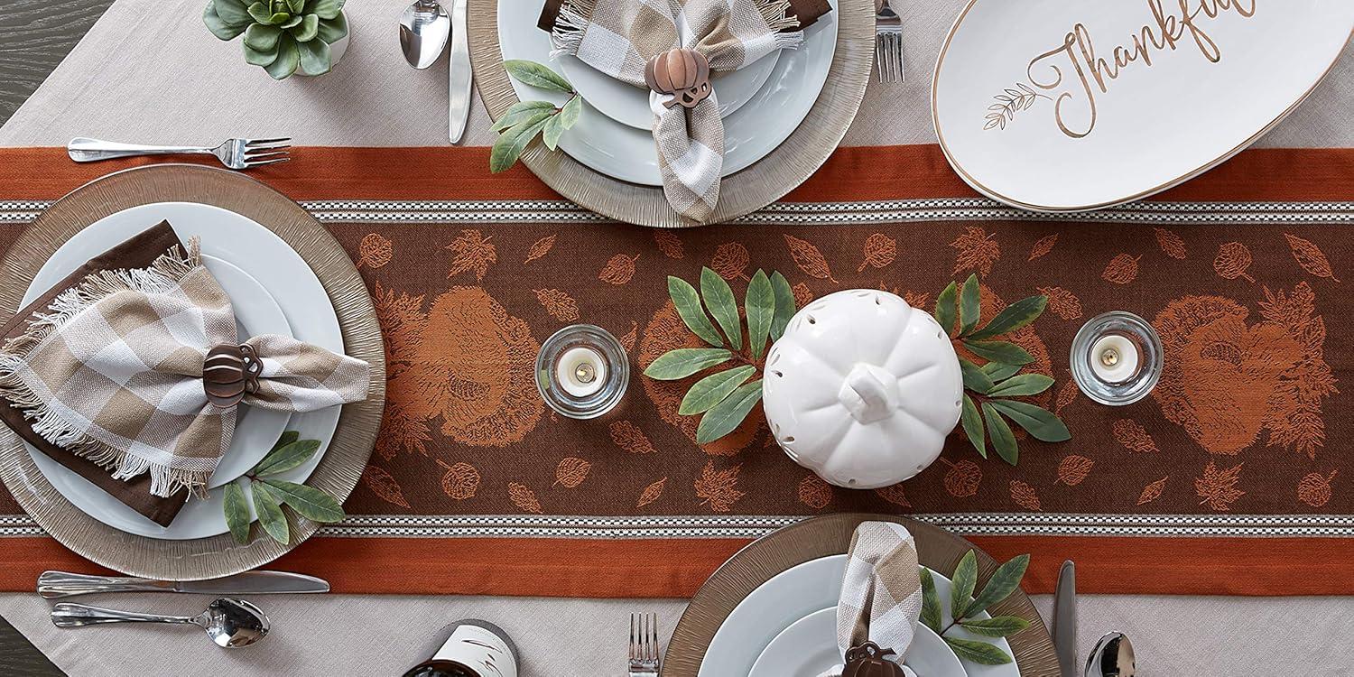 Contemporary Home Living 14" x 72" Orange and Brown Fall Harvest Feast Jacquard Rectangular Table