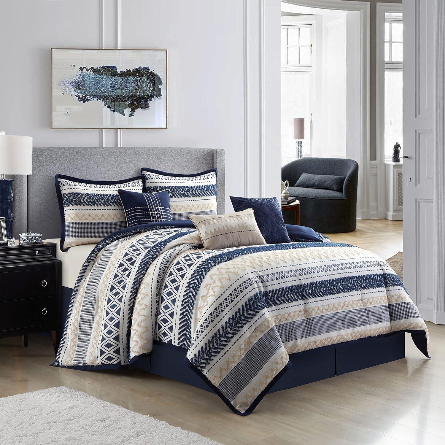 Navy Geometric Jacquard Queen Comforter Set with Decorative Pillows