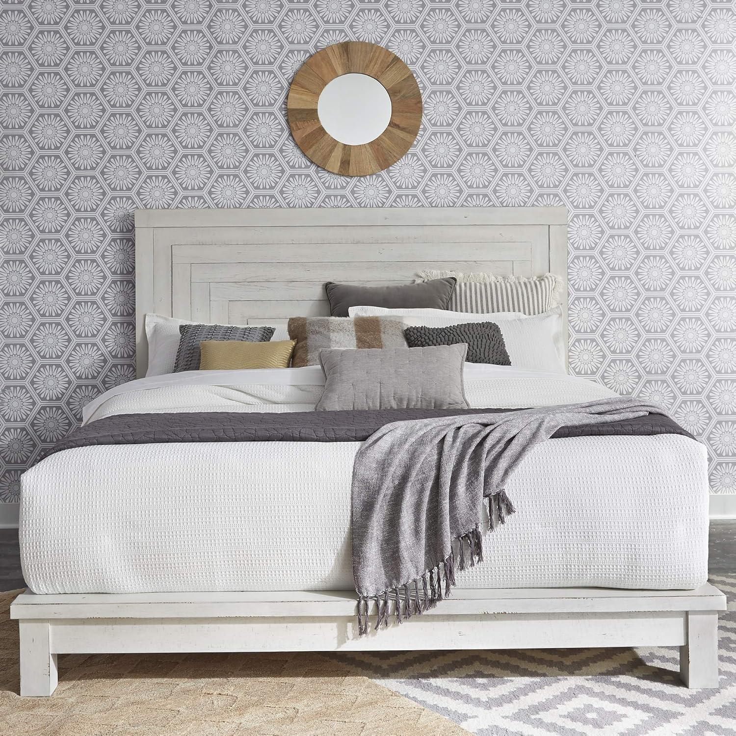 White Queen Platform Bed with Storage and Wood Headboard