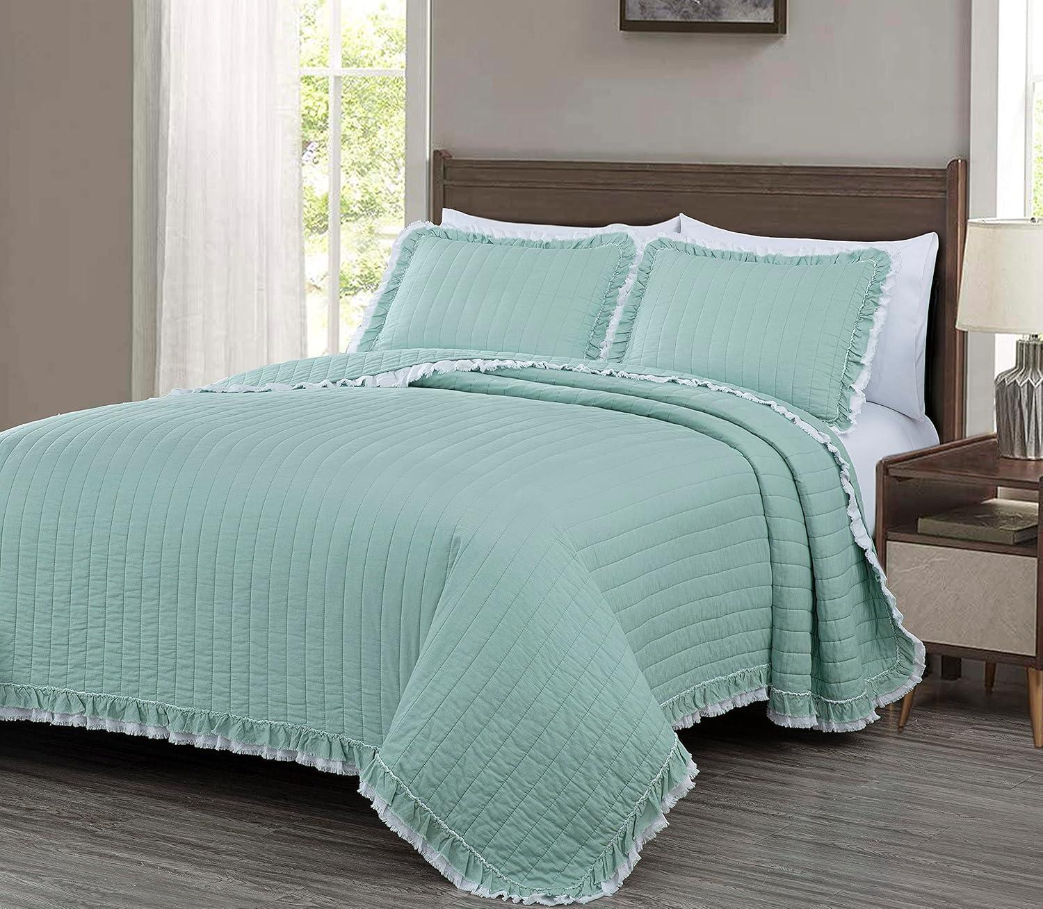 Chezmoi Collection Bonnie 3-Piece 100% Cotton Quilt Set King Size, Aqua - Double Frayed Ruffled Edge Lightweight Pre-Washed Soft-Finished Cotton Bedspread for All Season