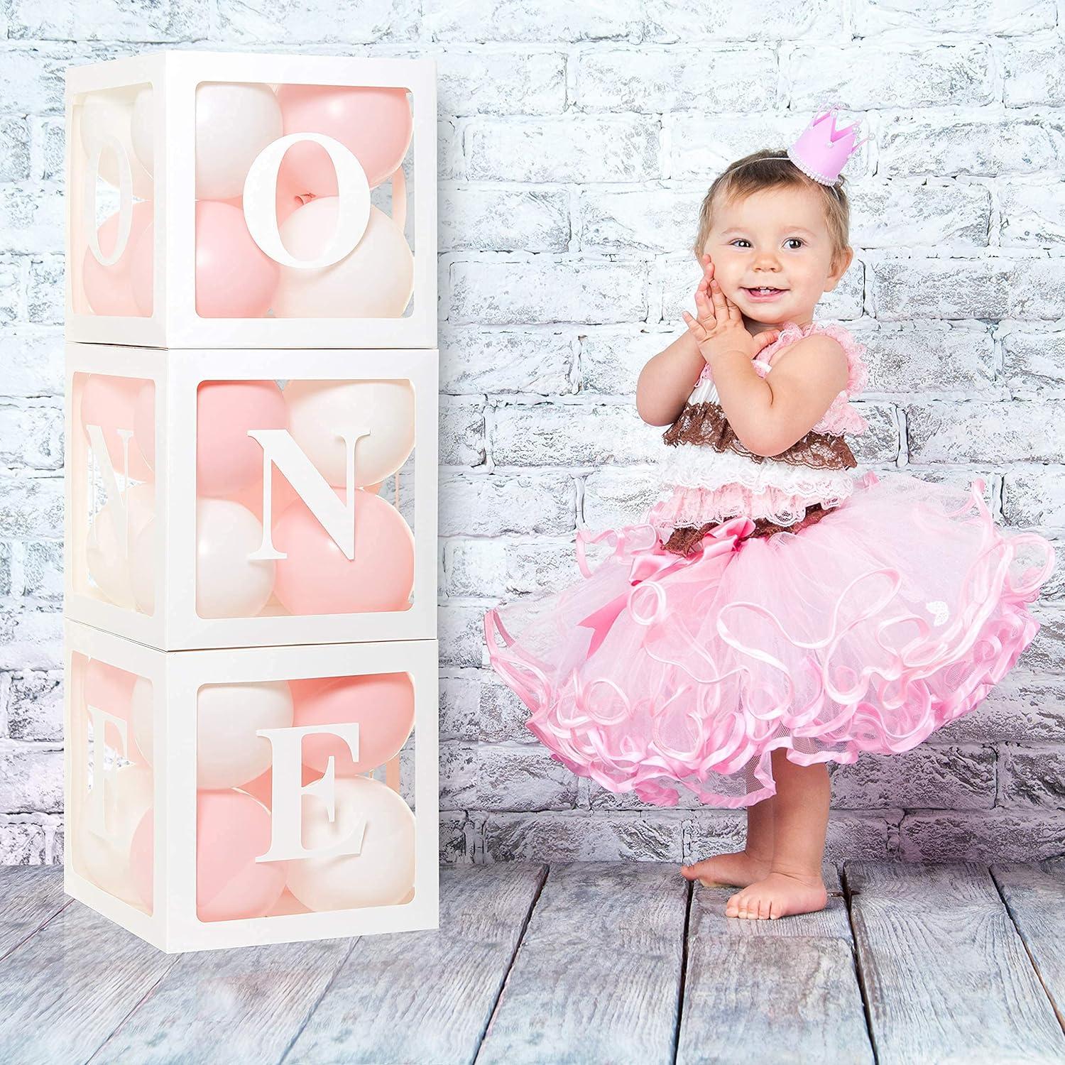 First Birthday Balloon 'ONE' Boxes for Baby Girl WITH 24 Balloons - Baby 1st Birthday Girl Decoration Clear Cube Blocks 'ONE' Letters as Cake Smash Photoshoot Props First Birthday Decorations Bac