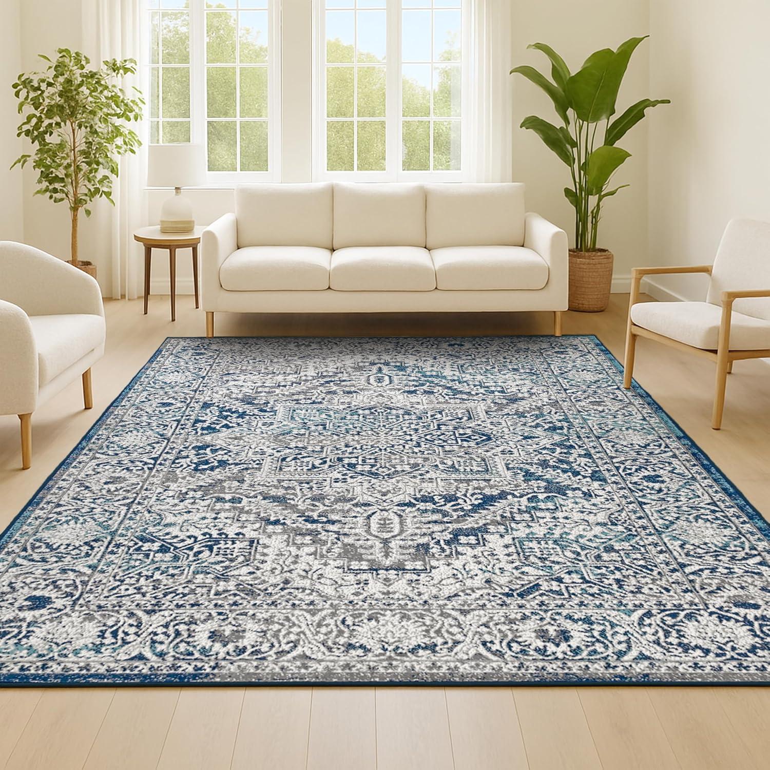 5'x8' Modern Vintage Medallion Area Rug, Navy /Light Grey - JONATHAN Y