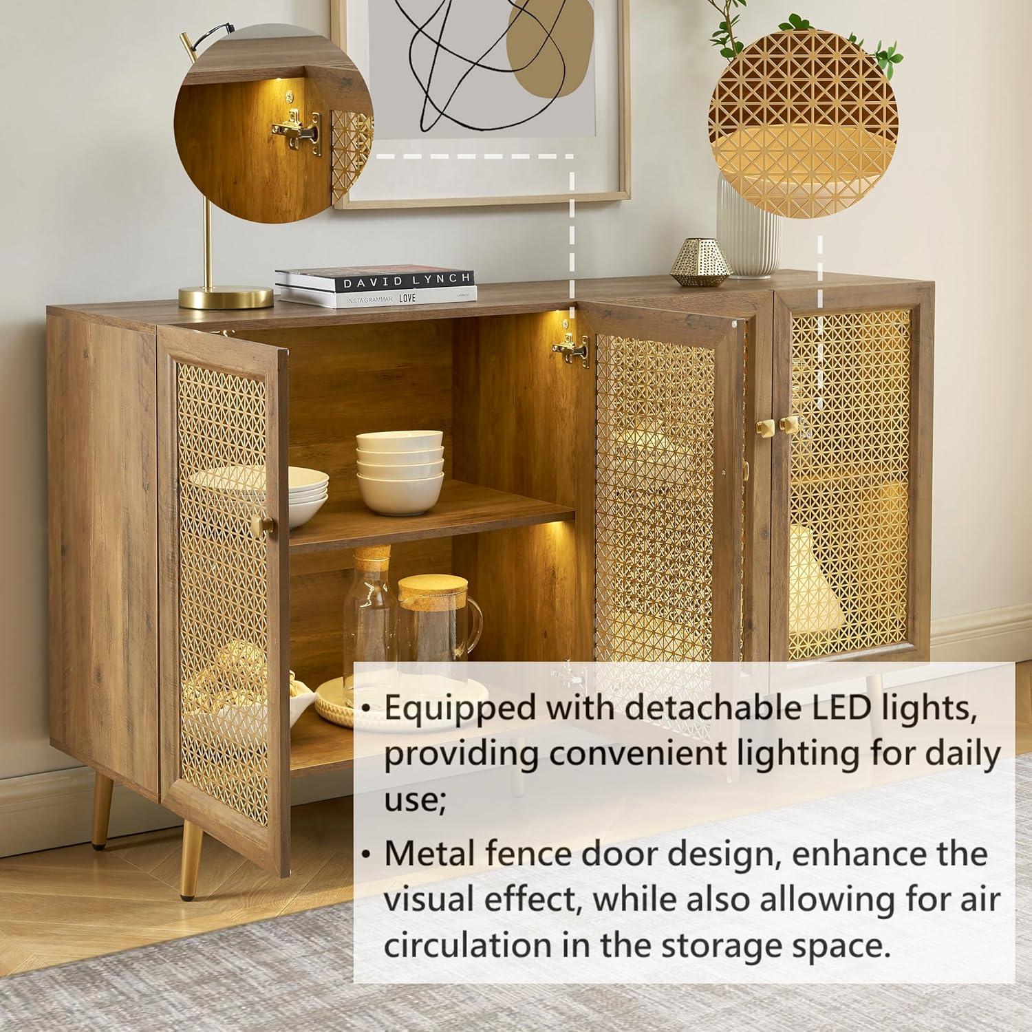 61.7''W Four Door Wood Buffets and Sideboards Storage Cabinet with LED Light Rustic Oak