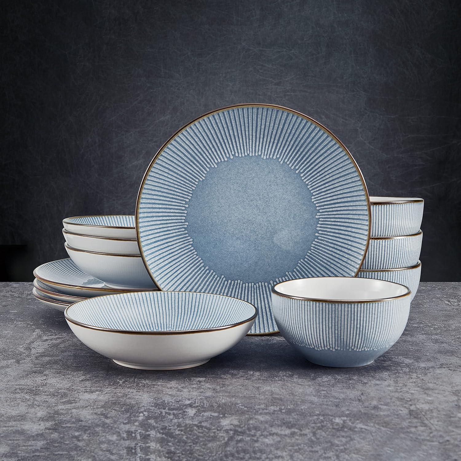 Arlie Blue Ceramic 12-Piece Dinnerware Set, Service for 4