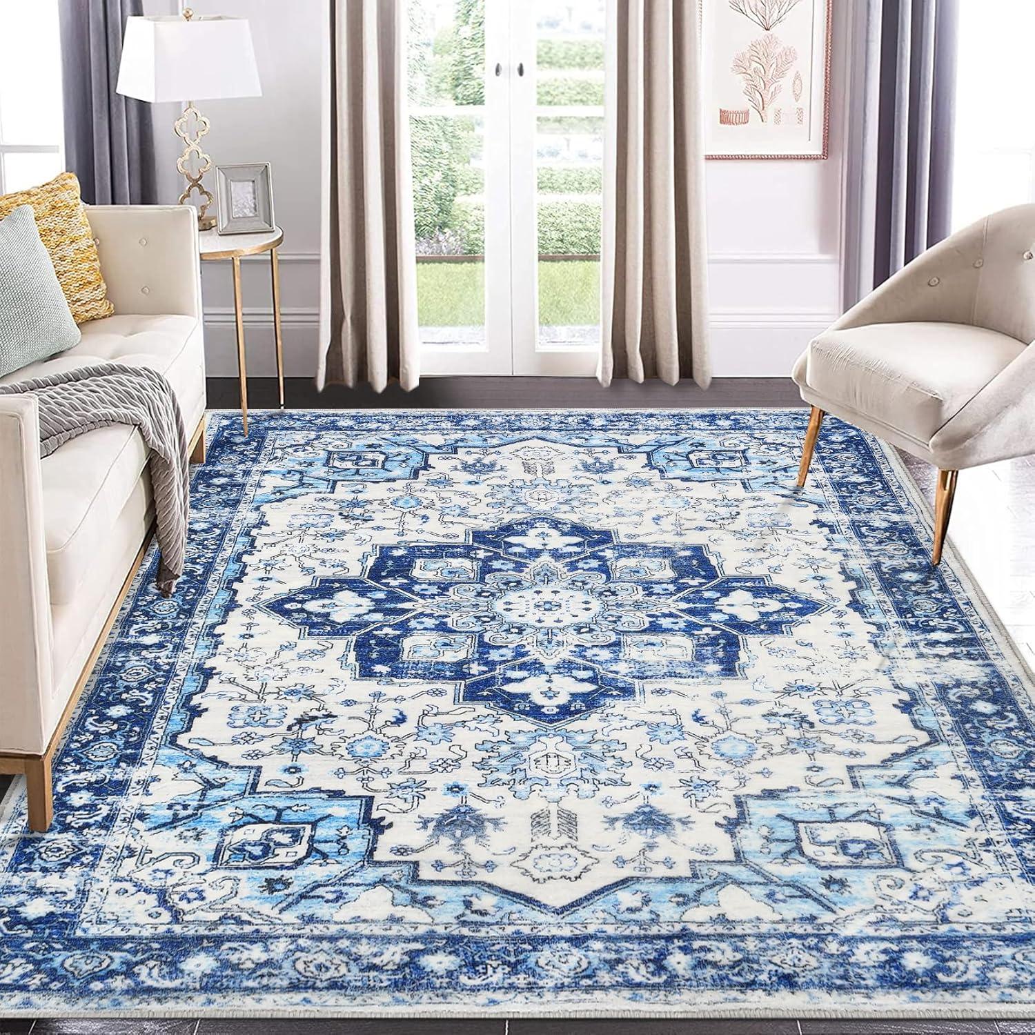 GlowSol 8x10 Floral Area Rug for Living Room Bedroom Retro Distressed Area Rug Traditional Medallion Non-Slip Low Pile Carpet Floor Decoration, Blue