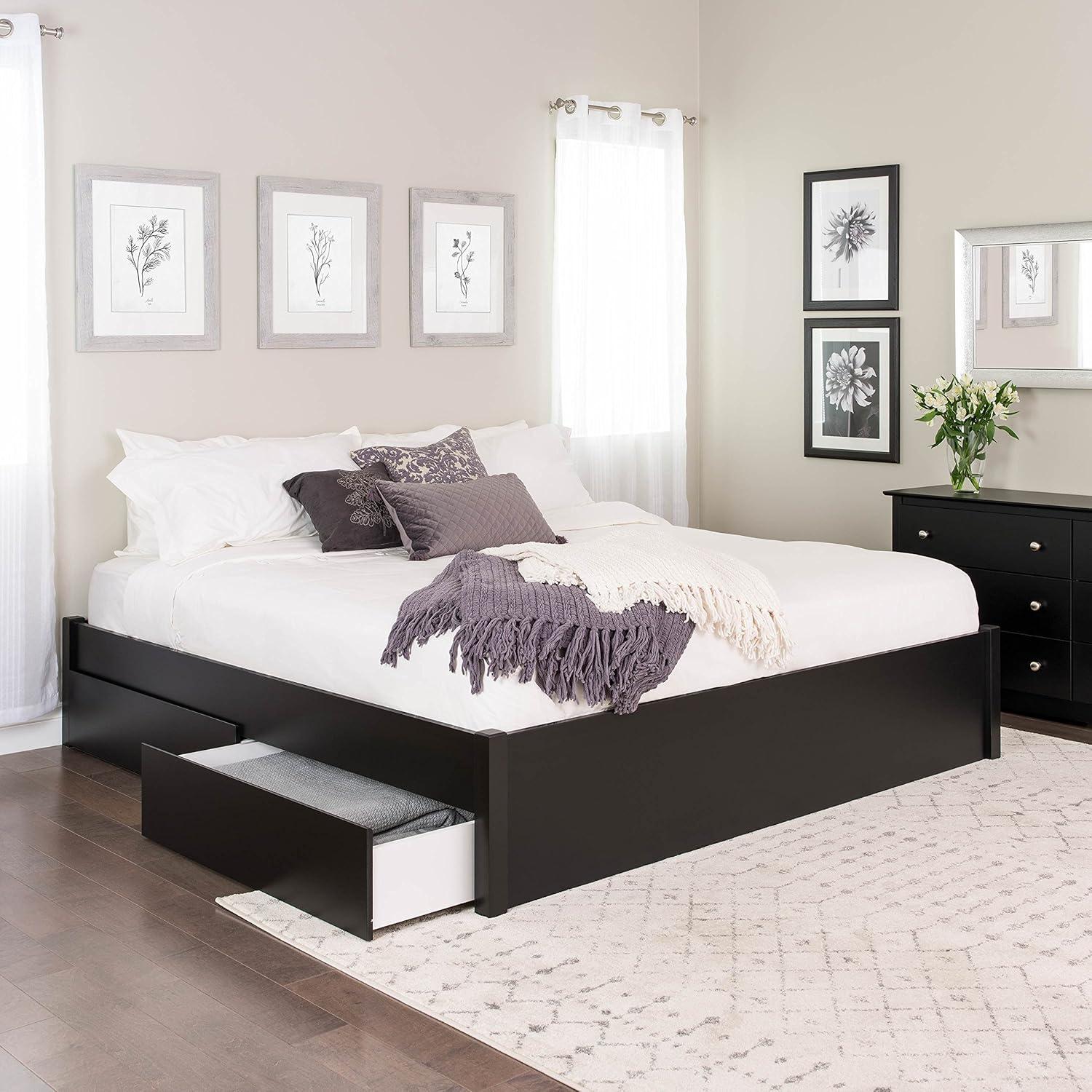 King Select 4-Post Platform Bed with 2 Drawers Black - Prepac: Solid Wood, Storage Functionality
