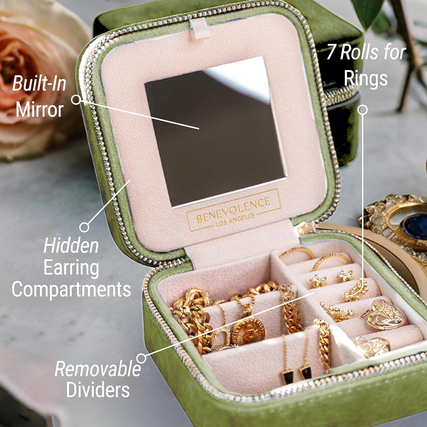 Benevolence LA Plush Velvet Square Travel Jewelry Box with Mirror- Mistletoe Green