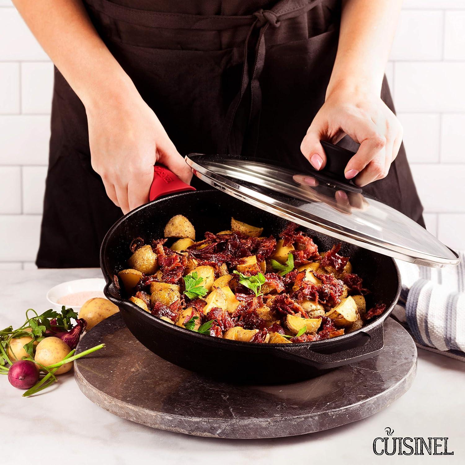 Cuisinel Cast Iron Skillet with Lid - 10"-Inch Frying Pan + Glass Cover + Heat-Resistant Handle Holder