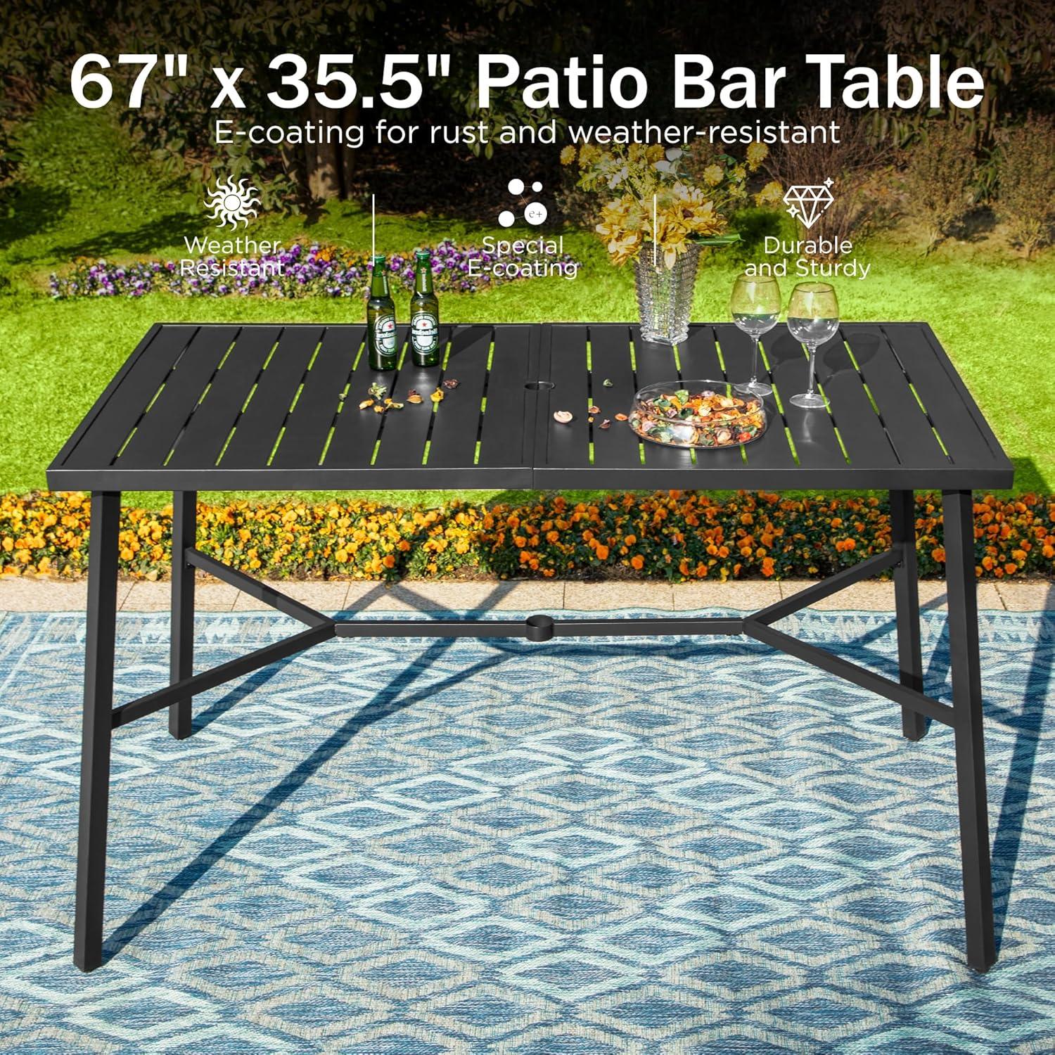 Black Steel Rectangular Outdoor Patio Bar Dining Table with Umbrella Hole