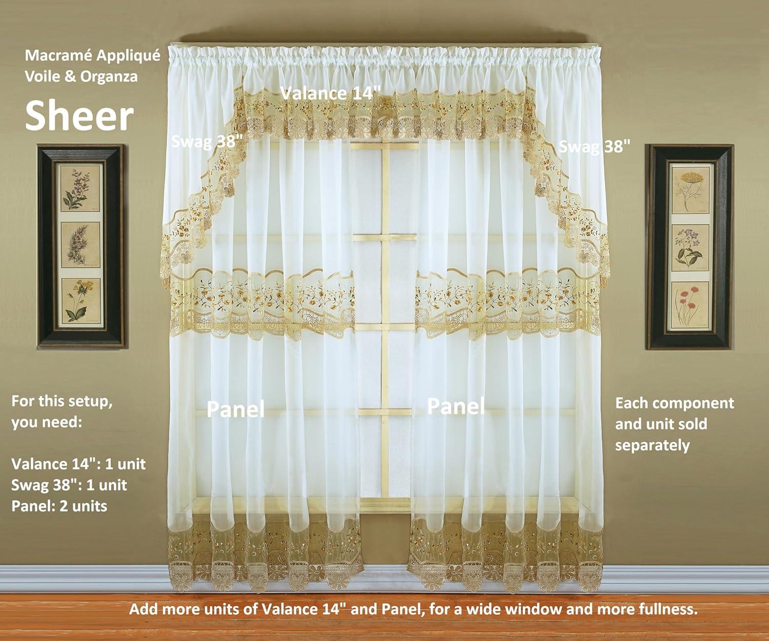 Ecru and Gold Floral Embroidered Sheer Valance 14" x 58"