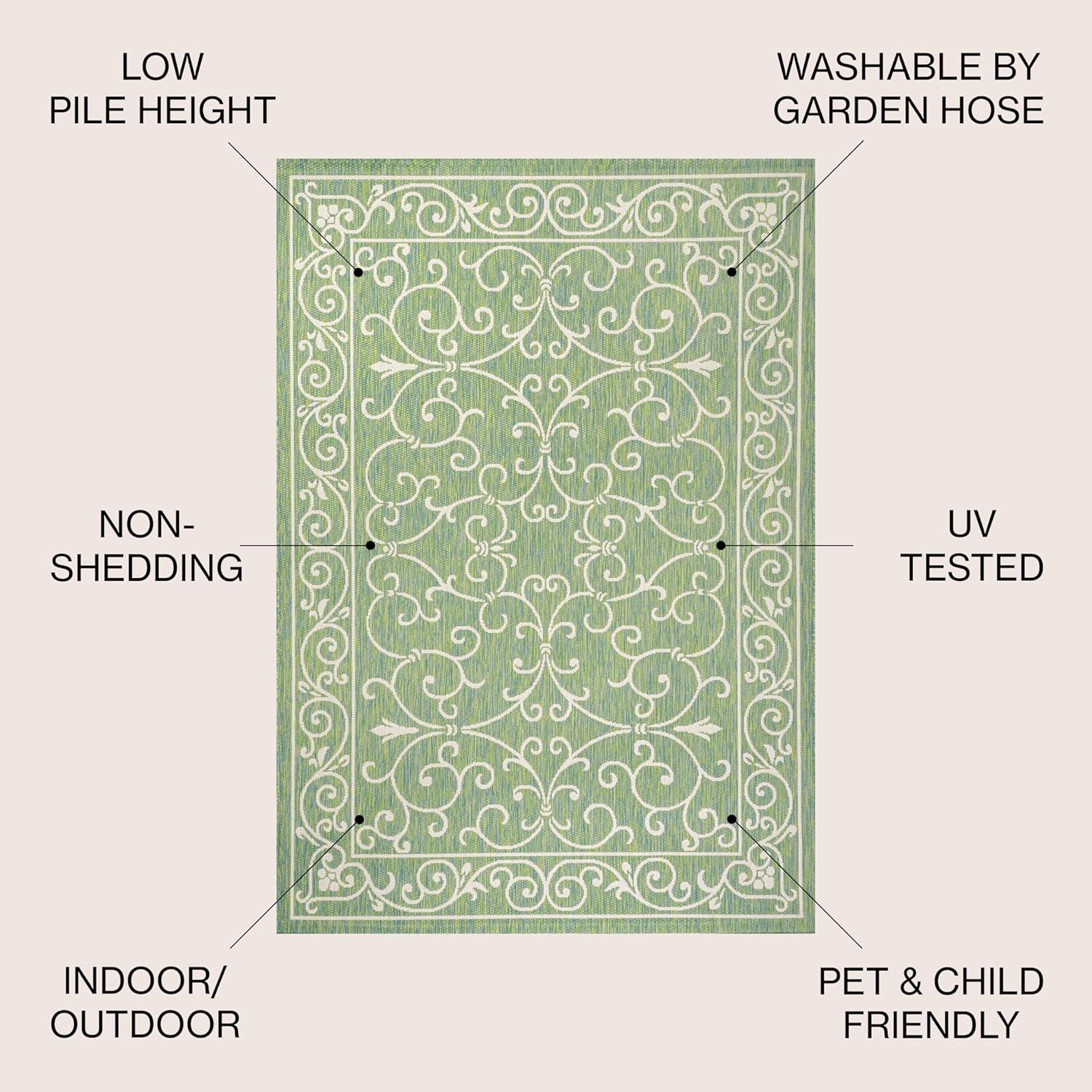 8' x 10' Charleston Vintage Filigree Textured Weave Indoor/Outdoor Area Rug, Green/Ivory - JONATHAN Y