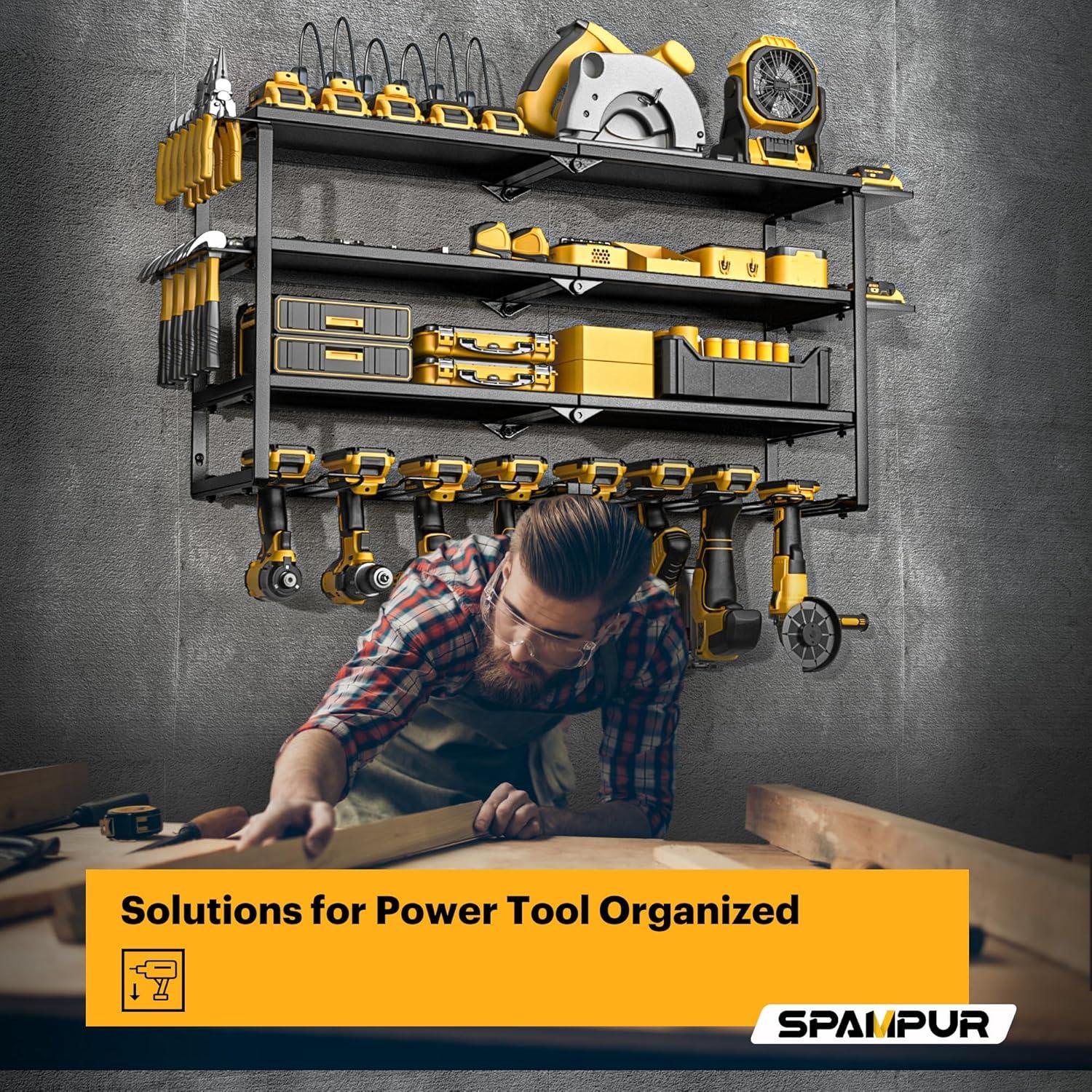 UNIVERSAL WINDOW SOLUTIONS Power Tool Organizer With Charging Station, 8 Drill Holder Wall Mount, 4 Layer Storage Rack For Garage Storage, Heavy Duty Utility Racks, Tool Battery Shelf With 6 Outlet Power Strip