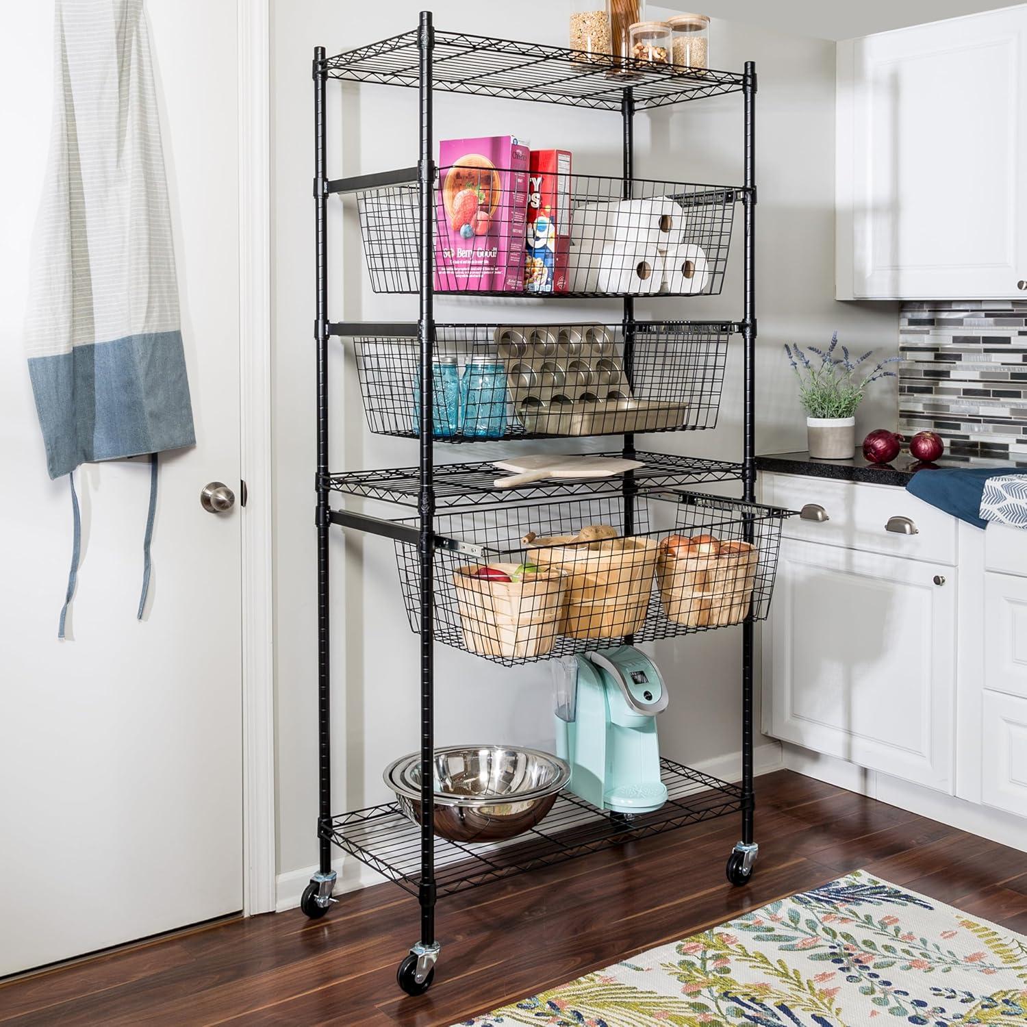 Adjustable Black 3-Shelf Heavy-Duty Storage Rack with Pull-Out Baskets