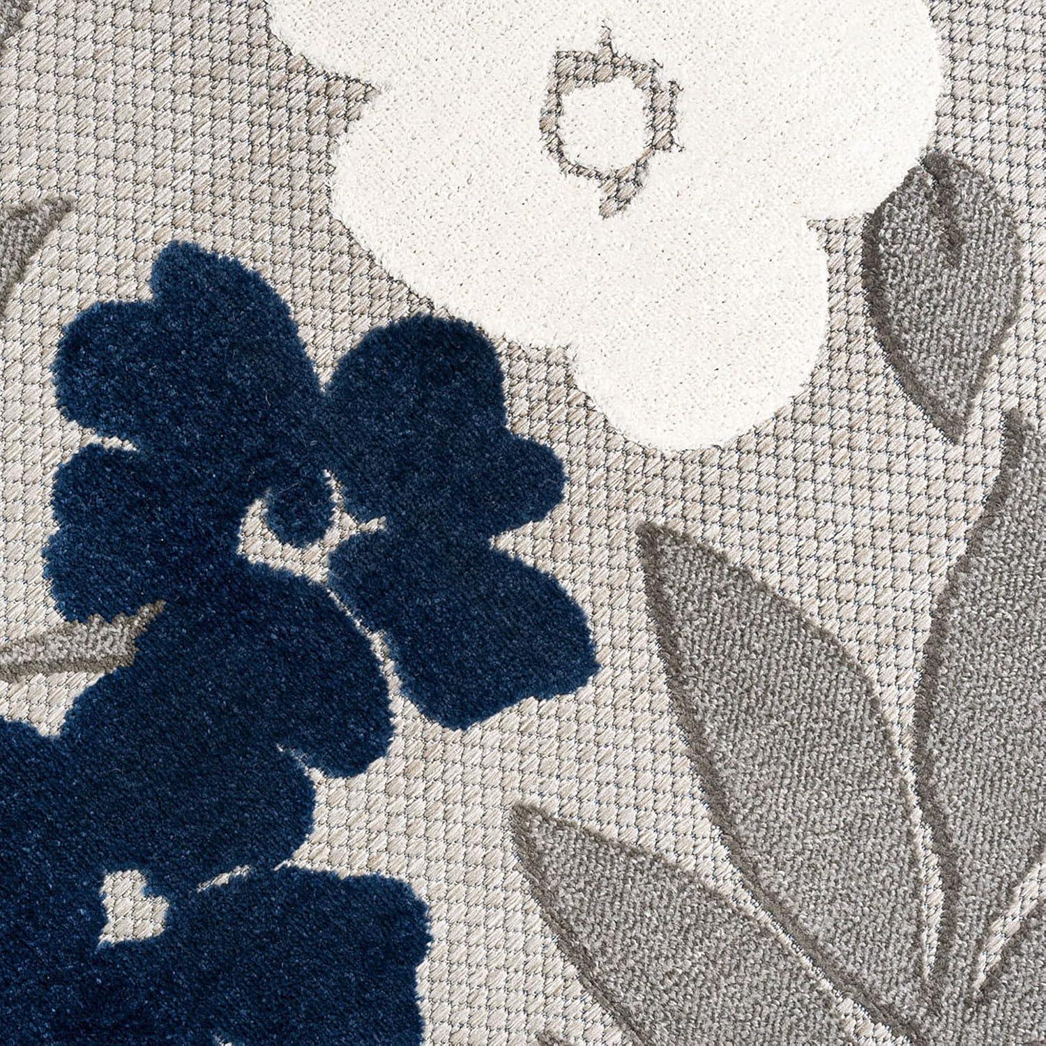 Blue and Gray Floral Synthetic 5' x 7' Reversible Rug