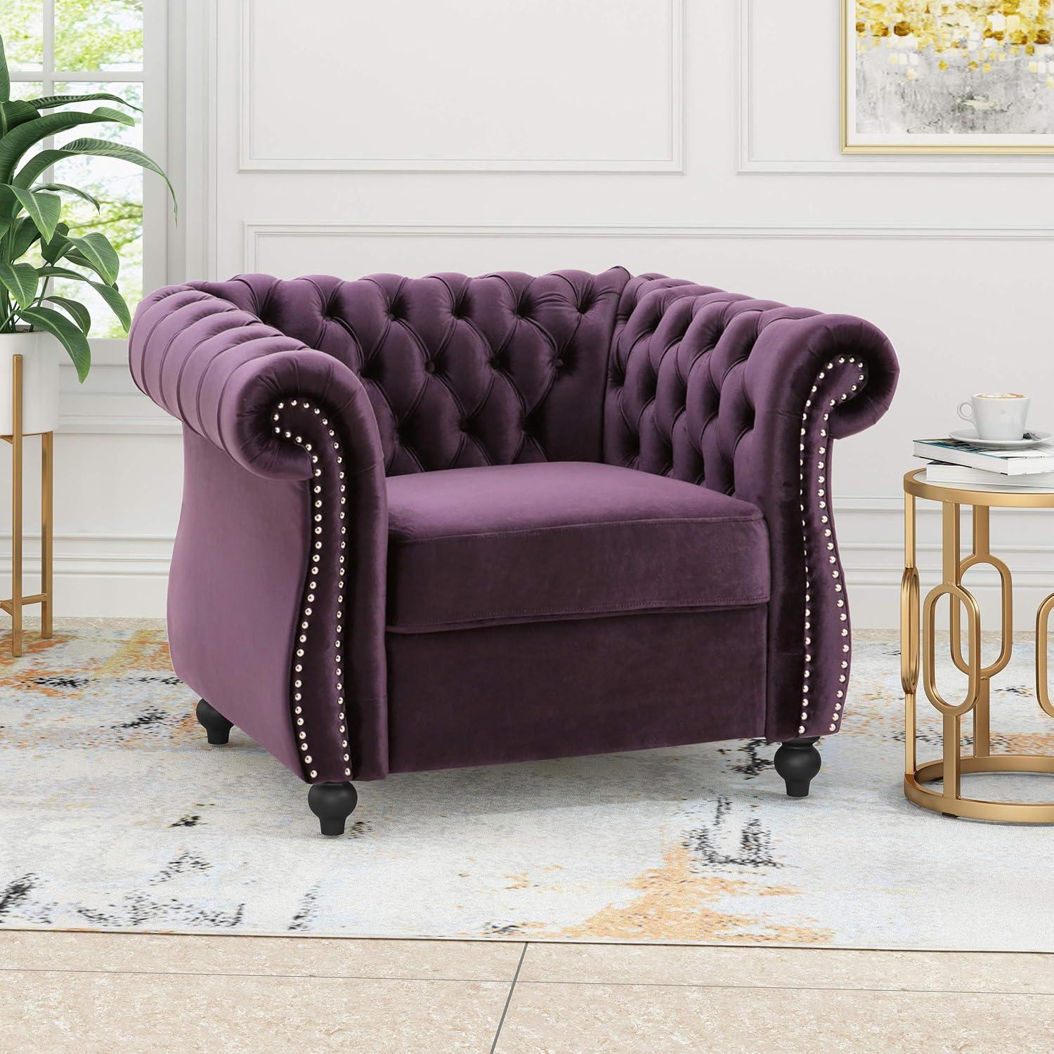 GDF Studio Tampa Chesterfield Tufted Club Chair with Nailhead Trim, Blackberry Velvet and Dark Brown