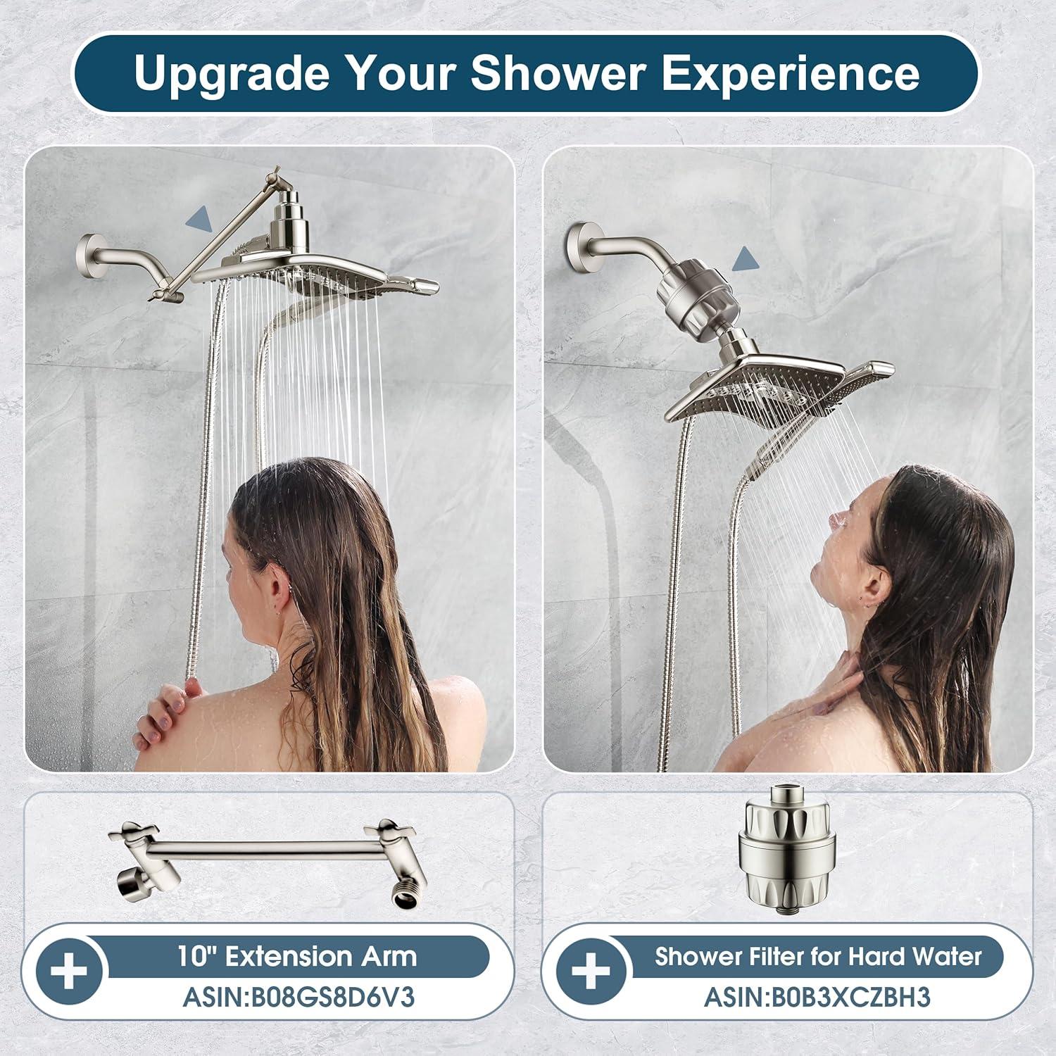 Bright Showers Dual Shower Head Combo, Handheld Showerhead Rainfall Shower Set with 60 inch Long Stainless Steel Shower Hose, Brushed Nickel