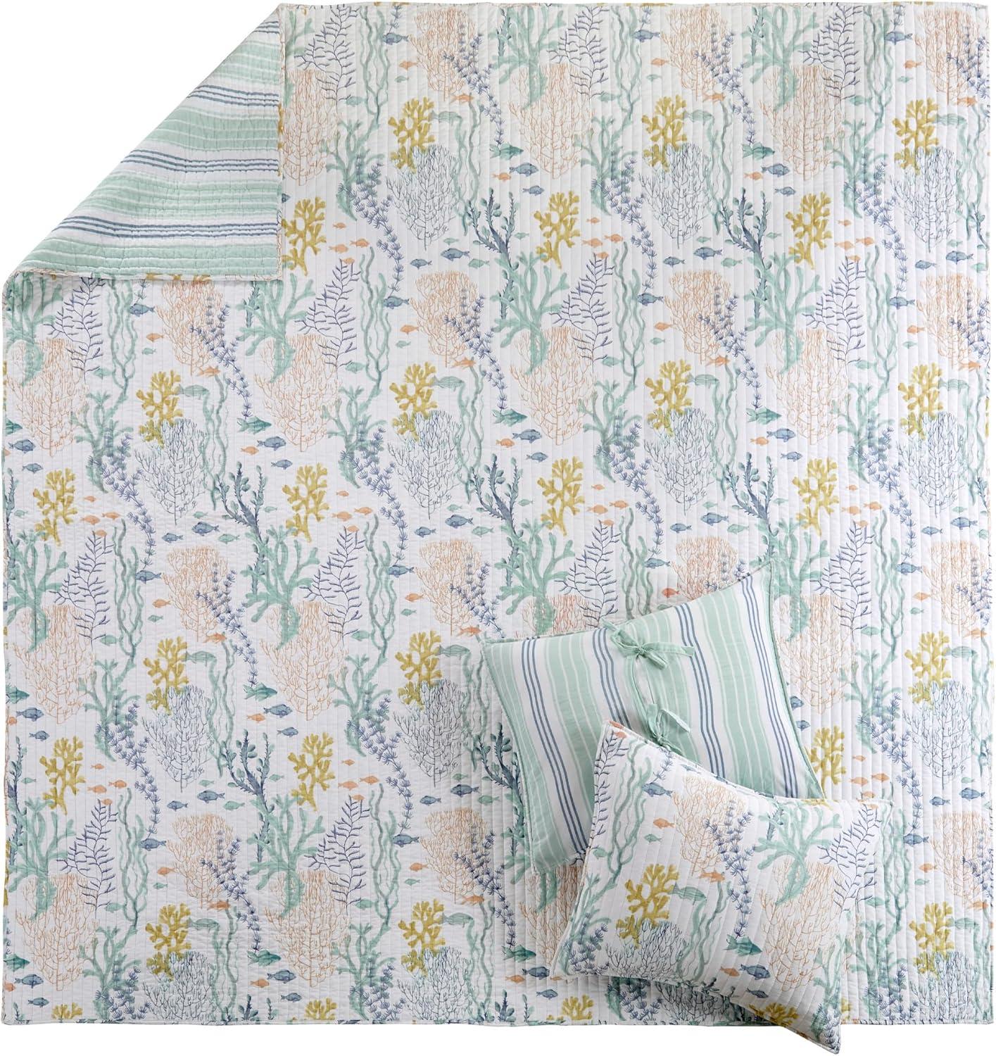 Ocean Meadow Blue Cotton King Reversible Quilt Set