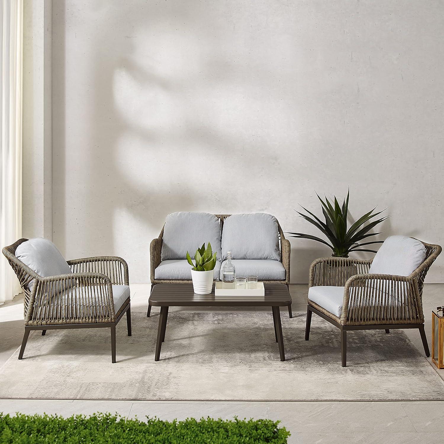 Haven 4pc Outdoor Wicker Conversation Set: Weather-Resistant, Steel Frame, Polyester Cushions - Crosley