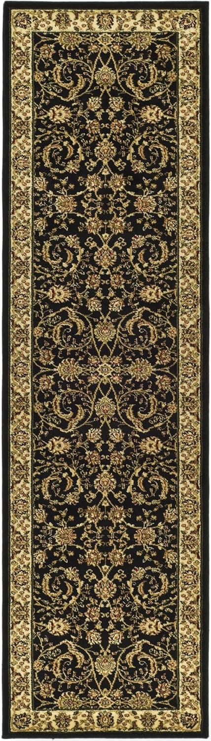 Black Floral Hand-Knotted Synthetic Runner Rug