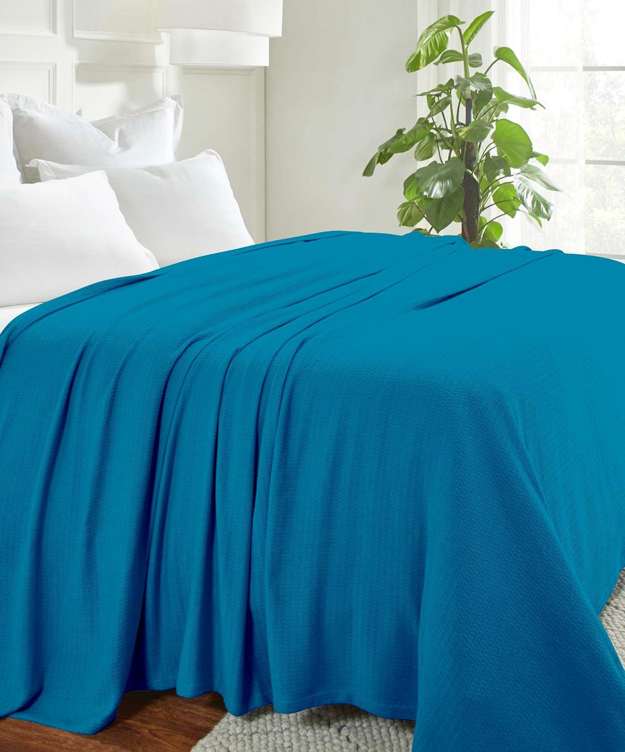 Superior Waffle Weave Cotton Blanket, for Picnic, Beach, Traveling or Camping, Comfy Blanket, Bedroom Decor, Essentials, Cover for Bed, Couch, Lounging, Honeycomb Knit, King, Azure