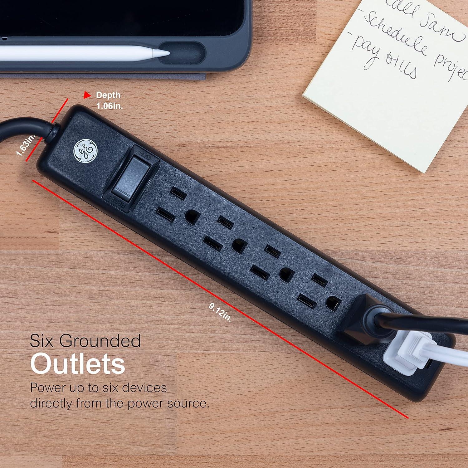 Black 6-Outlet Power Strip with 2-Foot Rubber Cord