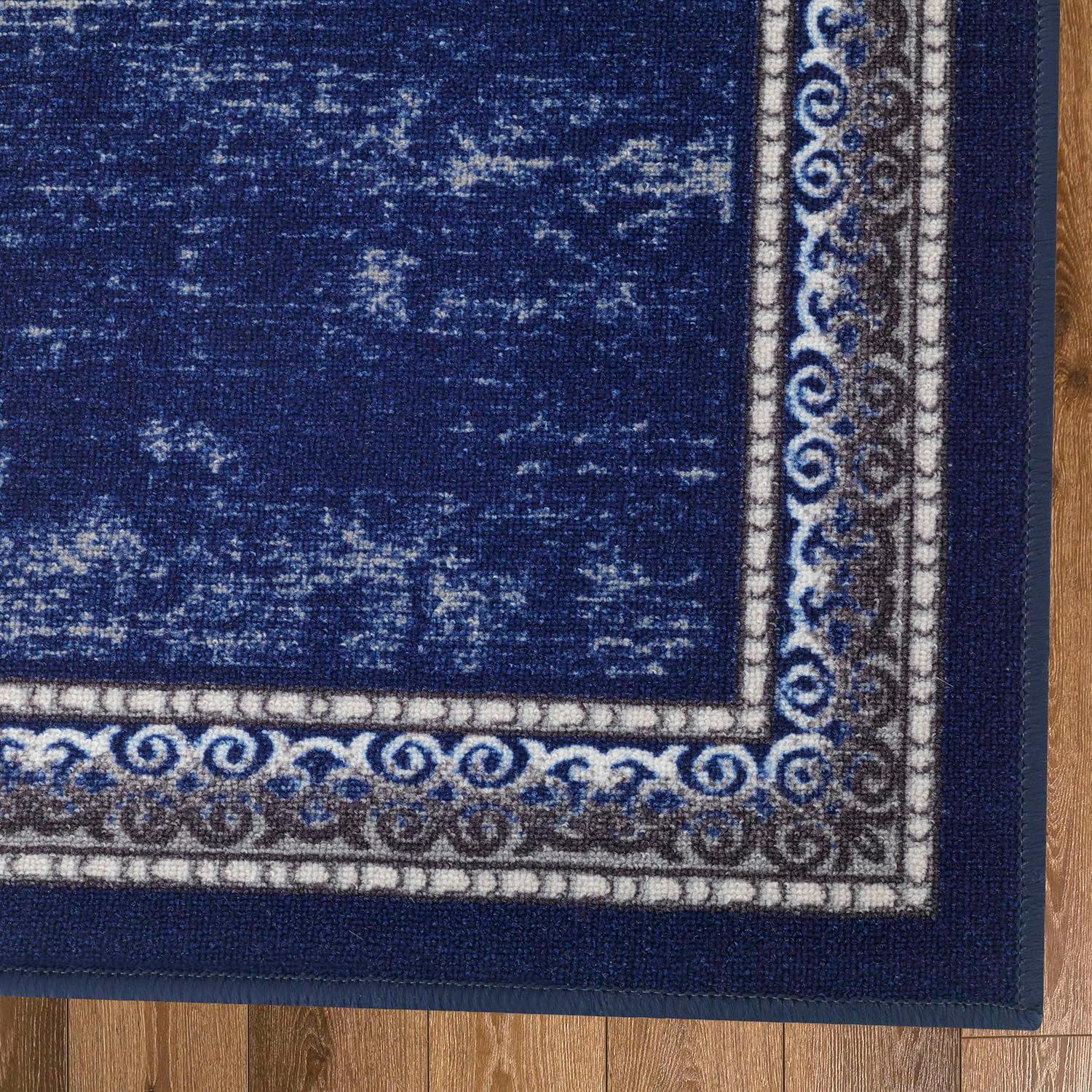 Antep Rugs Alfombras Bordered Modern 2x7 Non-Slip (Non-Skid) Low Pile Rubber Backing Indoor Area Runner Rug (Navy, 2' x 7')