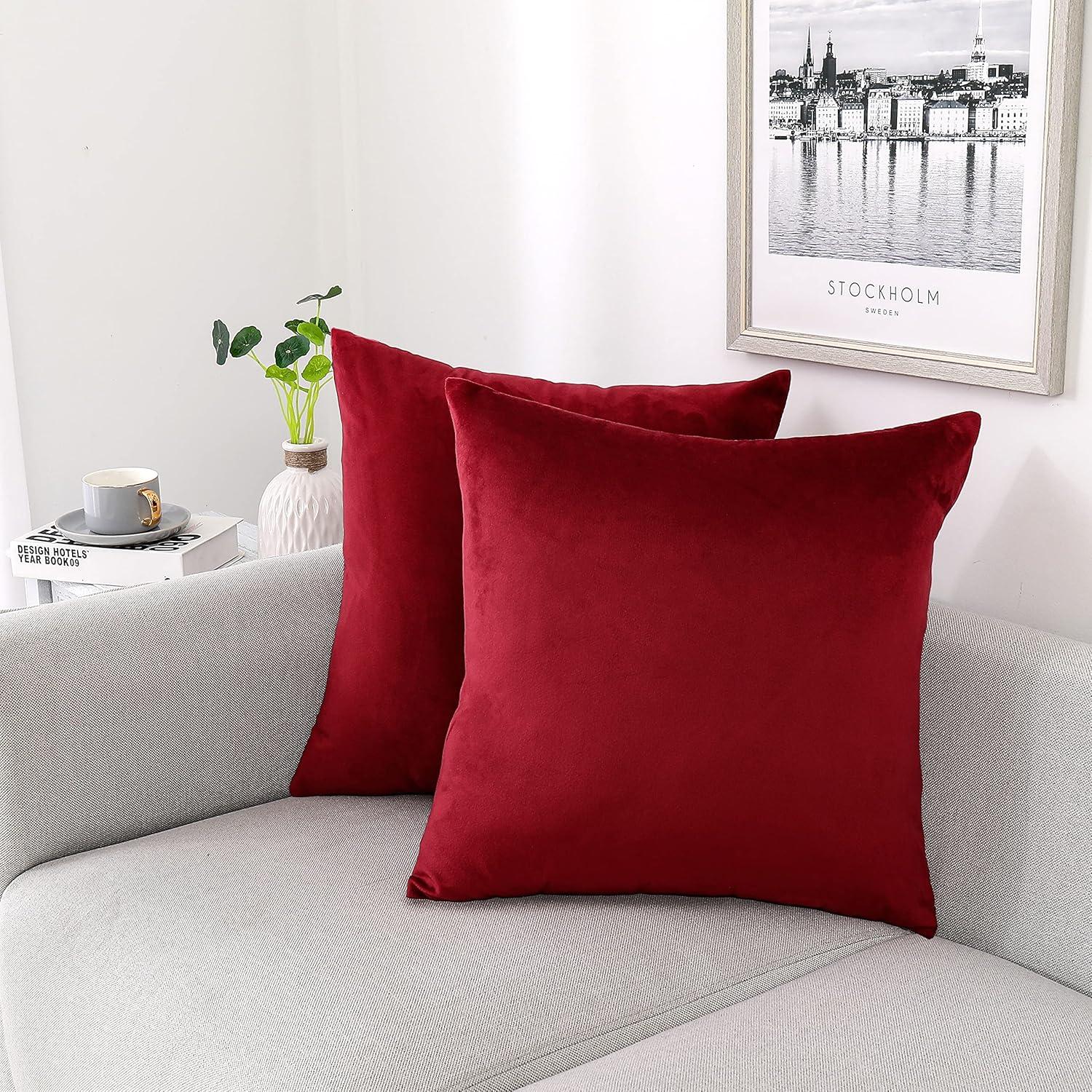 PAVILIA Set of 2 Throw Pillow Covers, Decorative Velvet Square Cushion Cases for Bed Sofa Couch Bedroom Living Room, Red/20 x 20