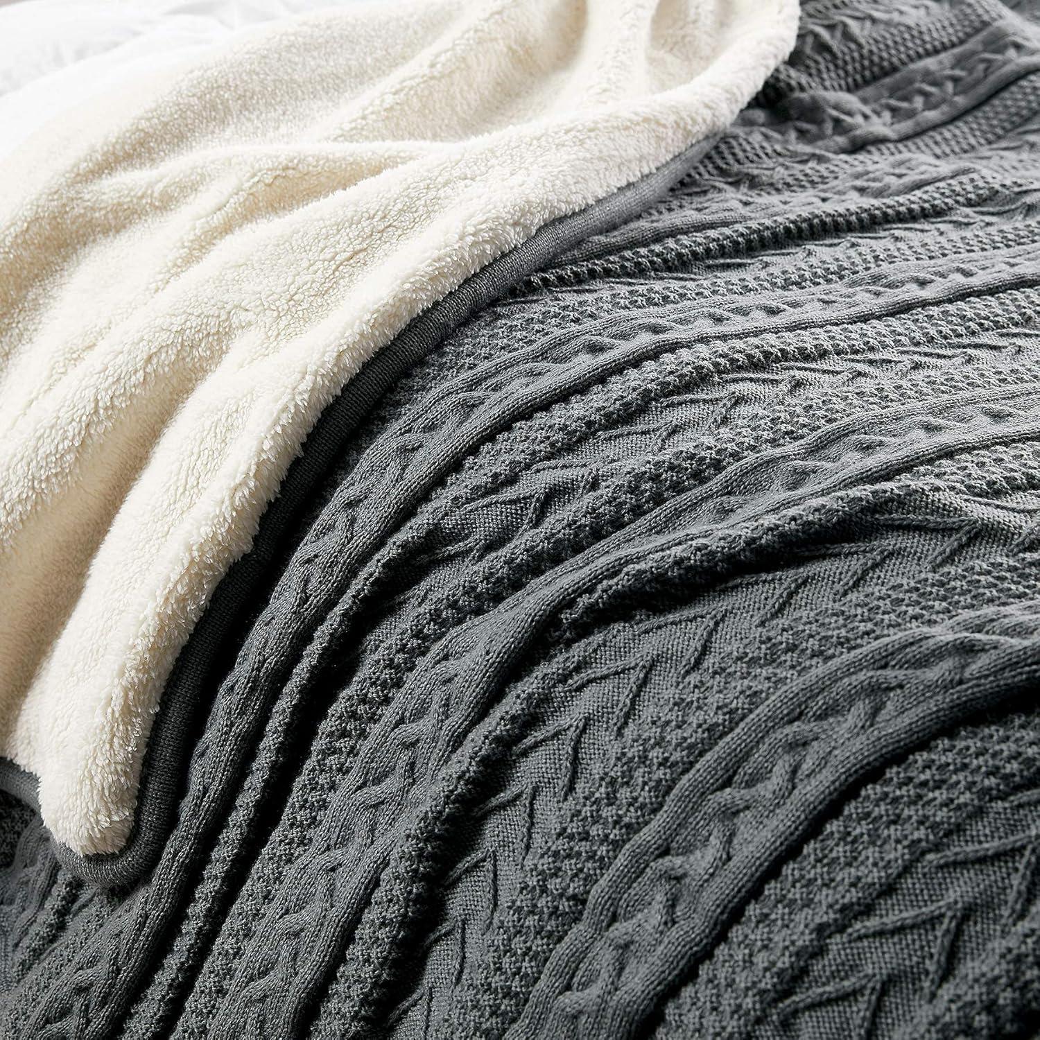 Gray Acrylic Cable Knit Sherpa Reversible Throw Blanket