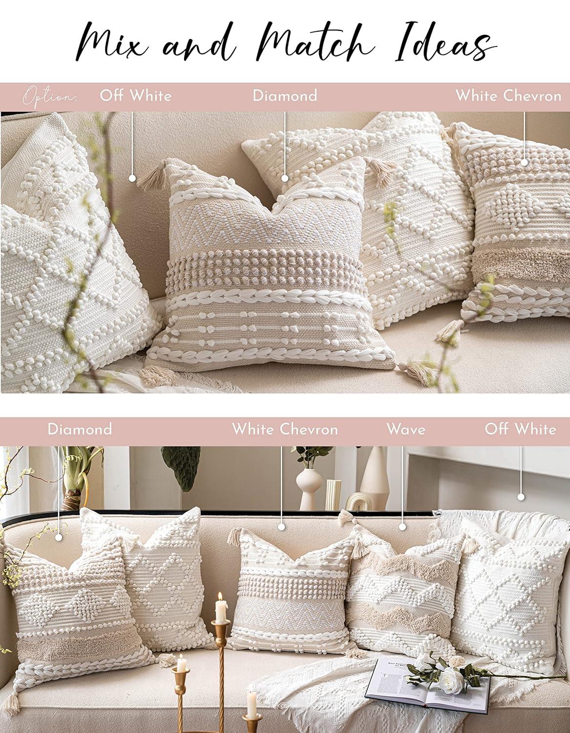 Boho Throw Pillow Cover 22X22, Large Decorative Accent Pillow for Couch, Square Woven Textured Pillowcase, Modern Boho Pillow for Bed, Bohemian Pillow Cover, Cream White (Pack of 1)