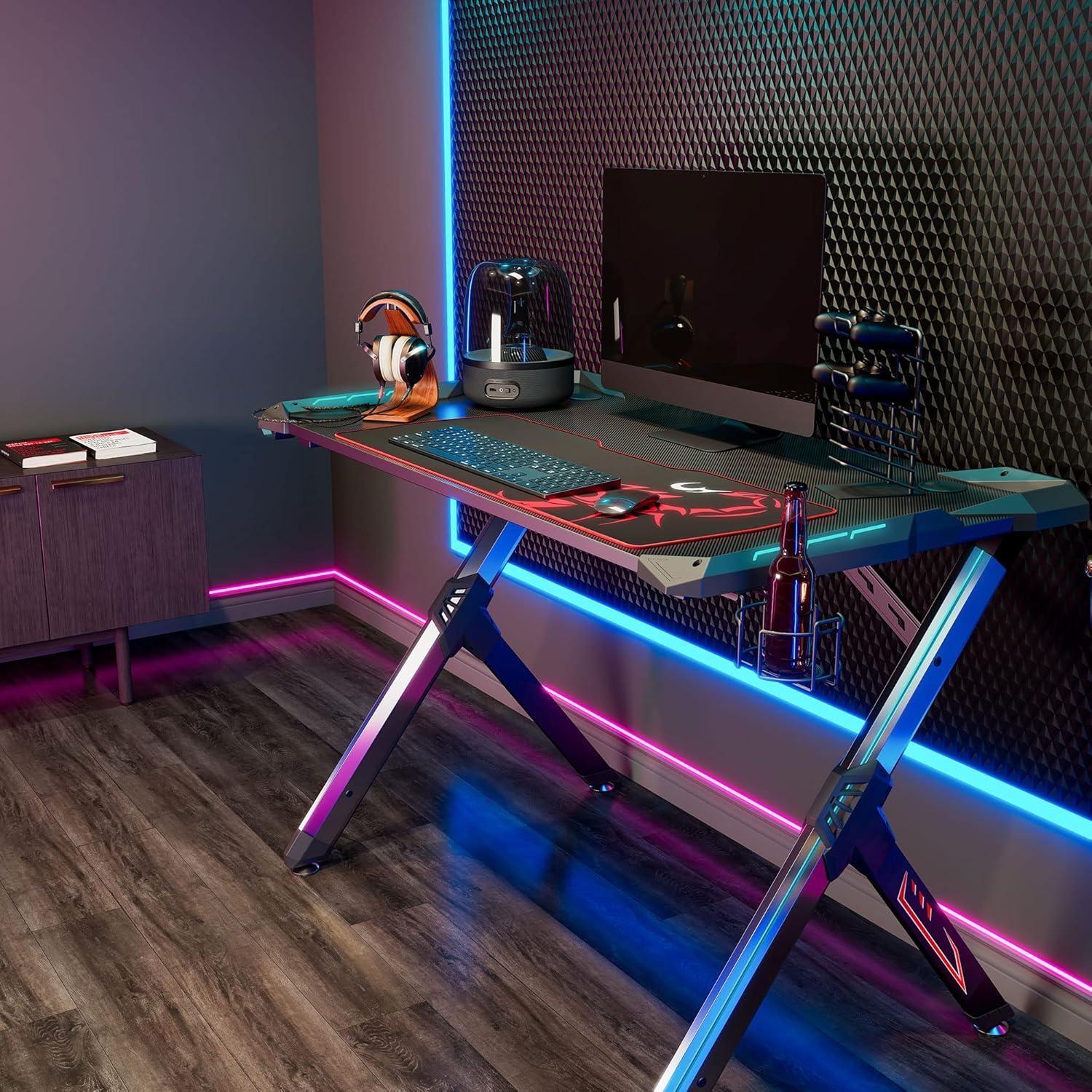 Ergonomic Black Gaming Desk with RGB Lighting and Steel Legs