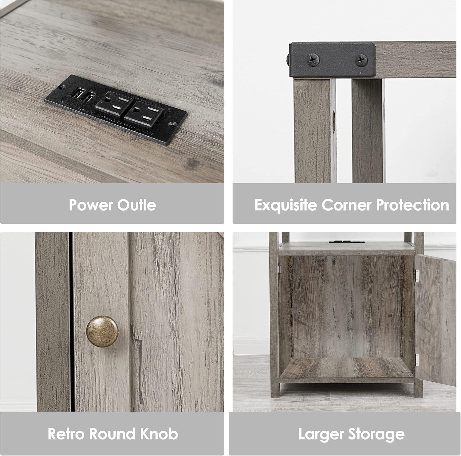 Gray Farmhouse Nightstand with Charging Station and Storage