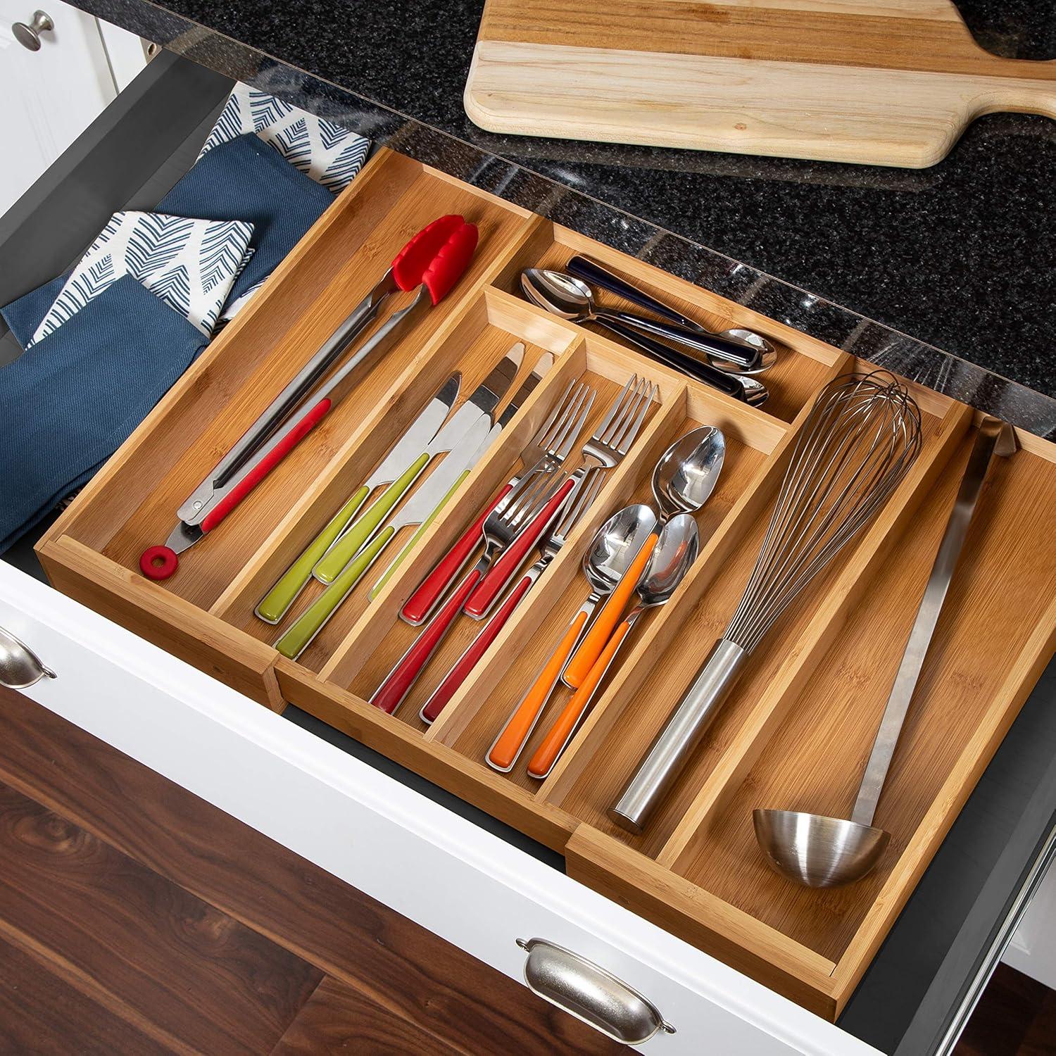 Natural Bamboo 4-Compartment Cutlery Tray Organizer