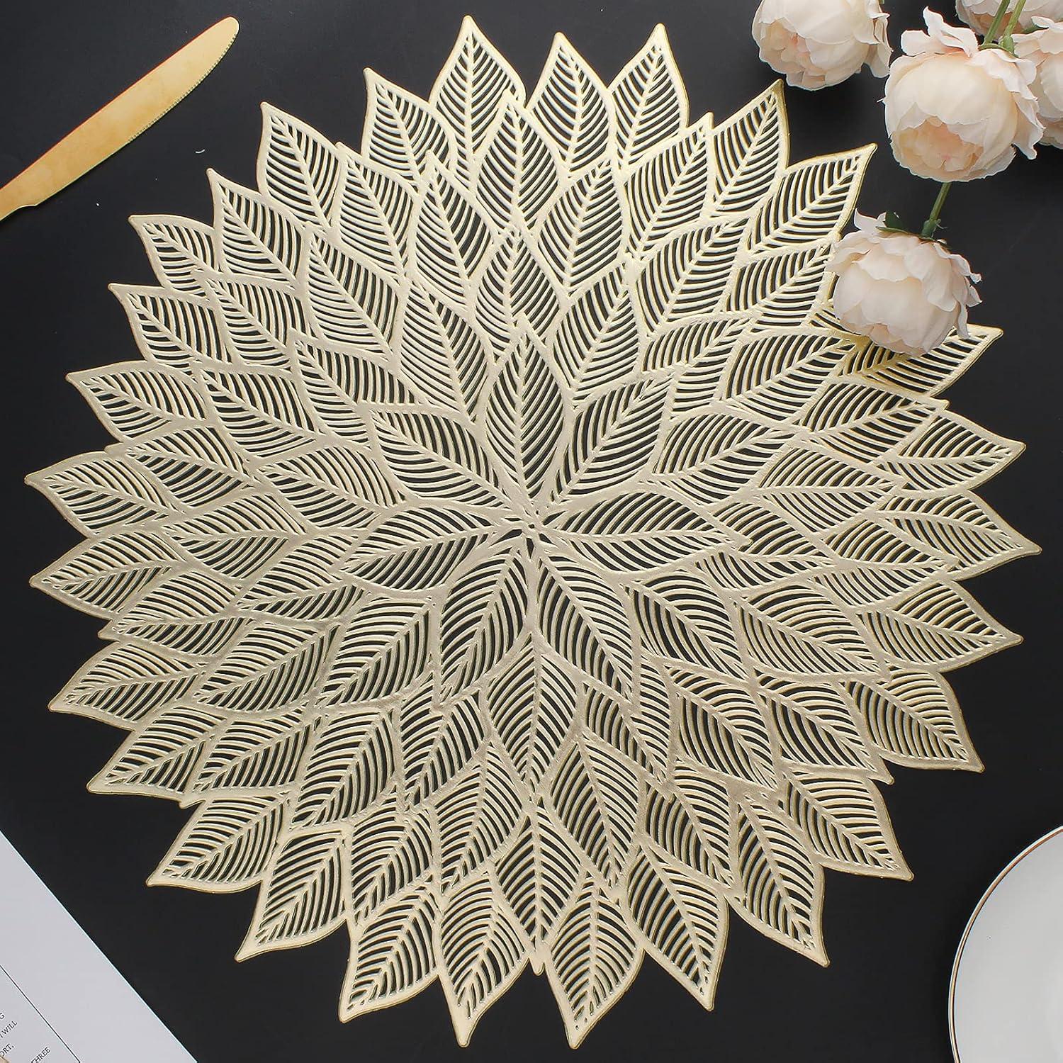 Gold Round Hollow Out Leaf Vinyl Placemats Set of 6