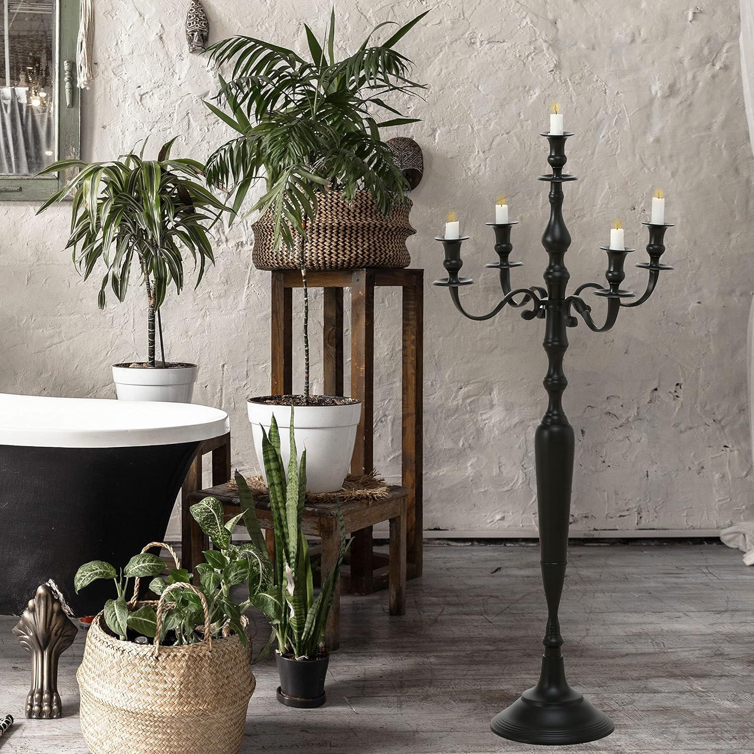 Hamptons Five Candle Candelabra, Rustic Black Finish, Centerpiece, Hand Crafted of Cast Aluminum Nickel, Tall, Over 3 FT High, (41.25  Inches)