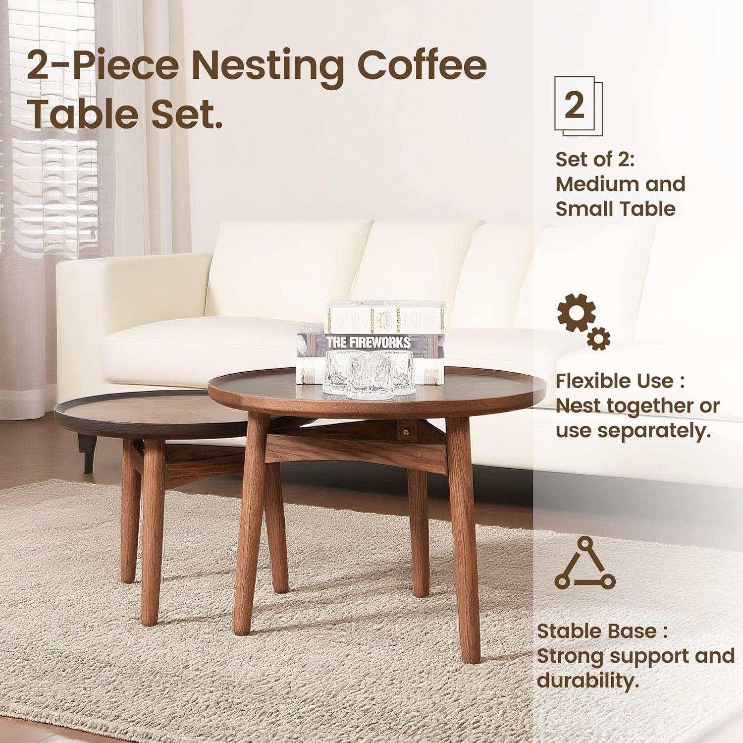 CONSDAN Nesting Table, Solid Oak Hardwood Structure Round Coffee Table & Side Table with Solid Wood Feet for Living Room, Bedroom, Balcony - Standard