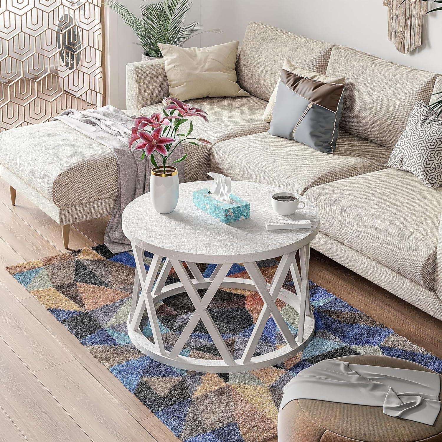 Antique White Round Wood Coffee Table with X-Motifs