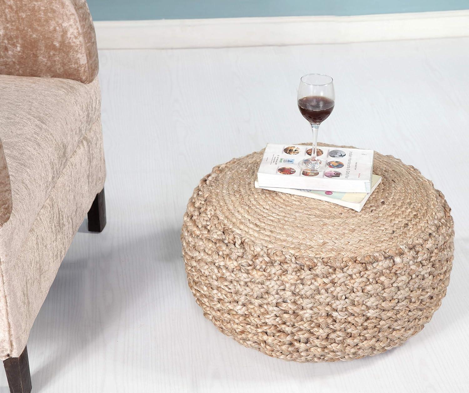 LR Home Small Braided Solid Indoor Round Pouf, Natural, 20" x 20" x 10"