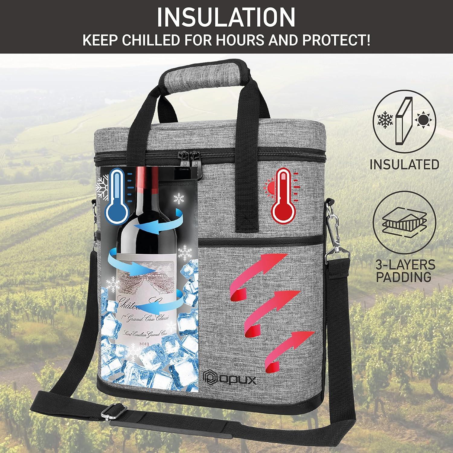 OPUX 3 Bottle Wine Carrier Tote, Insulated Leakproof Cooler Travel Bag, Portable Picnic BYOB Beach Party Gifts Christmas (Heather Gray, 3 Bottle Bag)