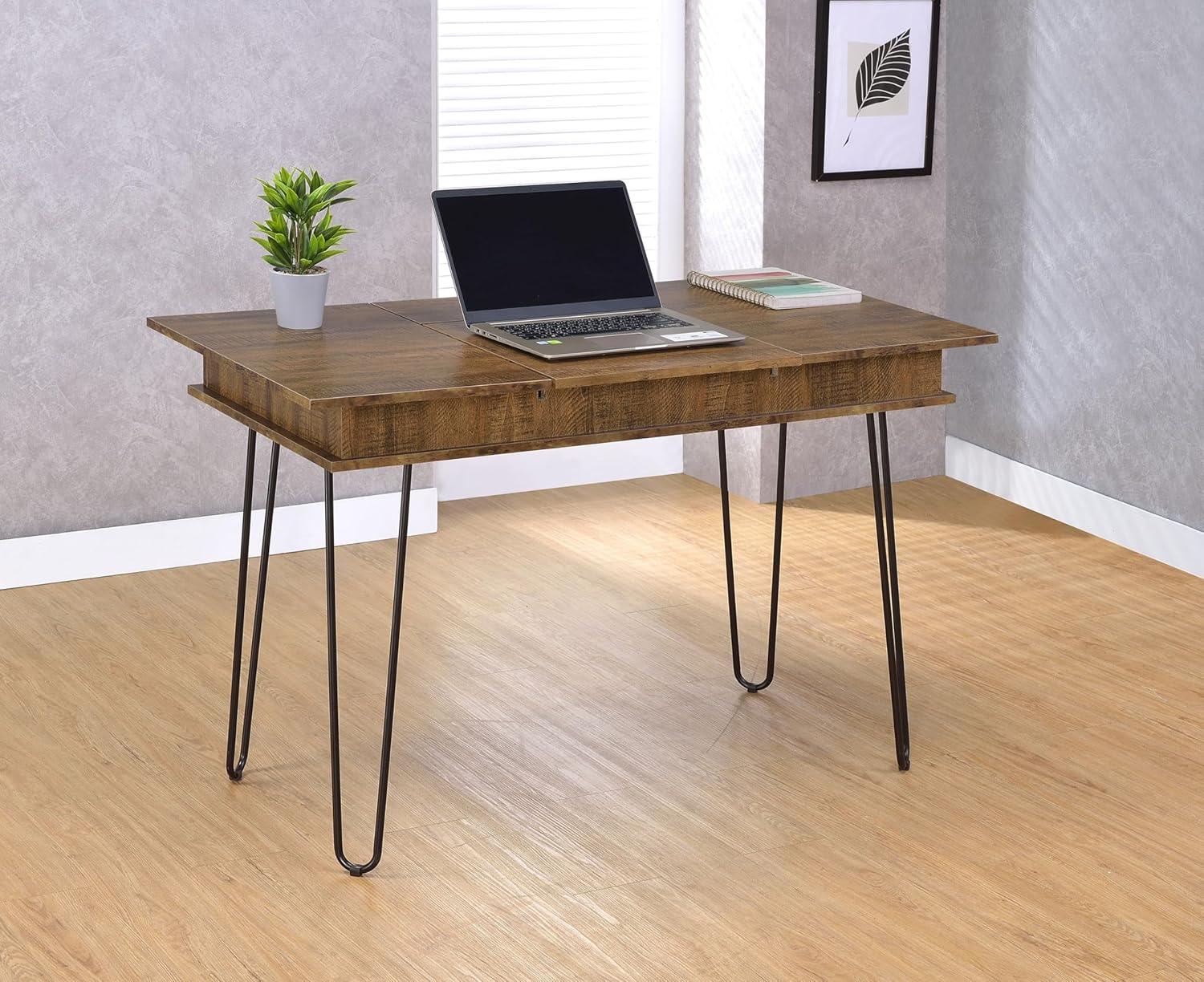 Sheeran Storage Writing Desk with Hairpin Legs Rustic Amber - Coaster: Industrial Style, Enclosed Cabinet, USB Ports