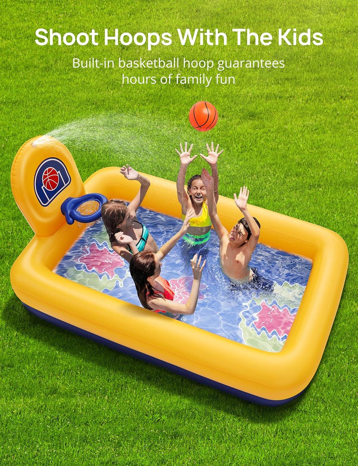 Evajoy Yellow and Blue Inflatable Kiddie Pool with Basketball Hoop