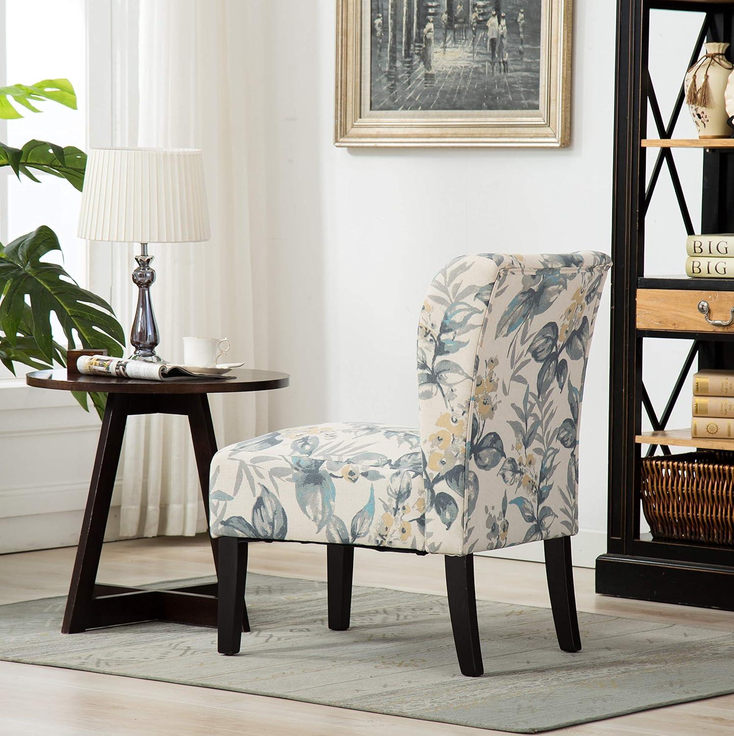 Blue Floral Fabric Armless Accent Chair with Wood Legs